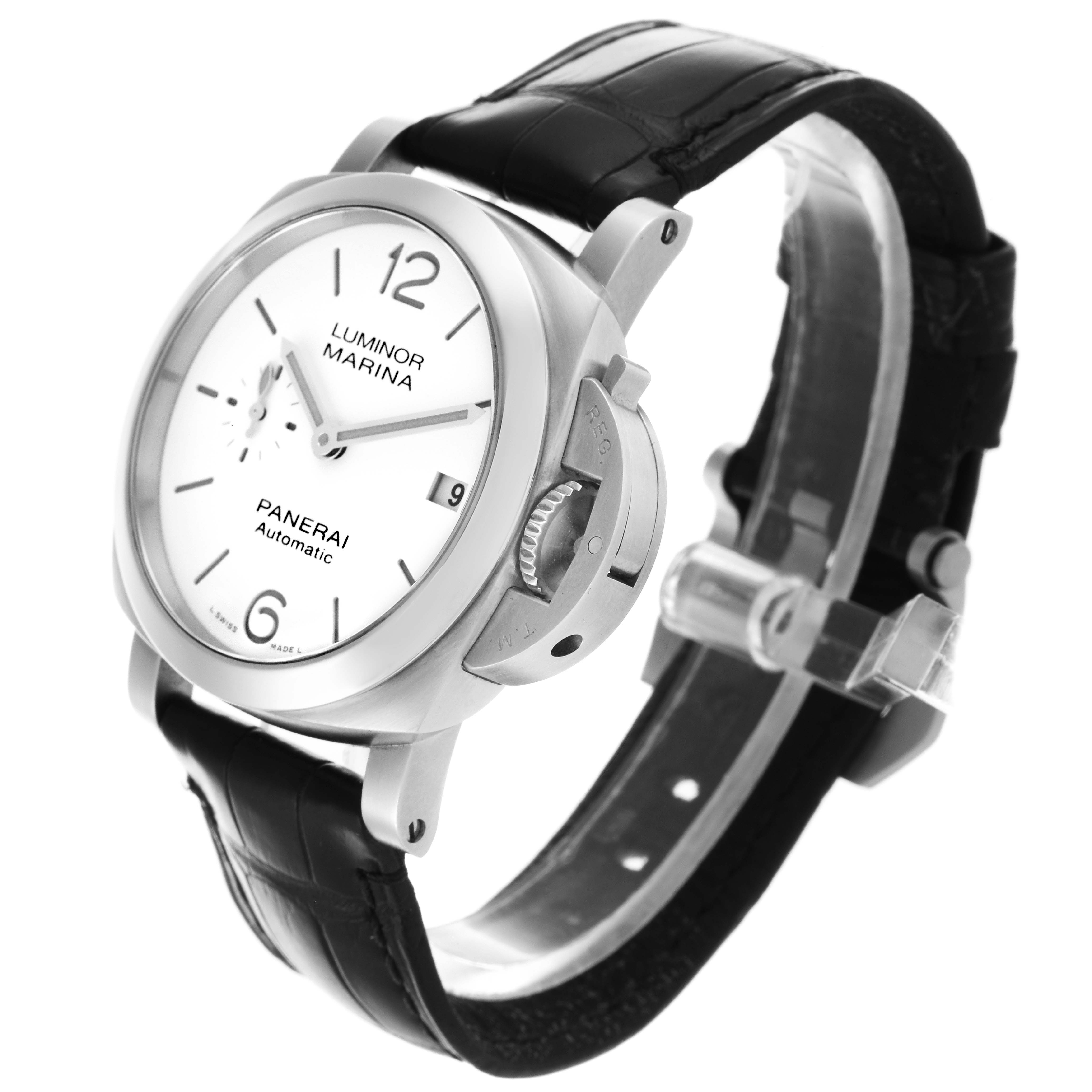 The Panerai Luminor PAM01371 Men's Stainless Steel White Dial PAM01371 Men's Stainless Steel White Dial watch is shown from a slightly angled side perspective, highlighting the face, case, and strap.