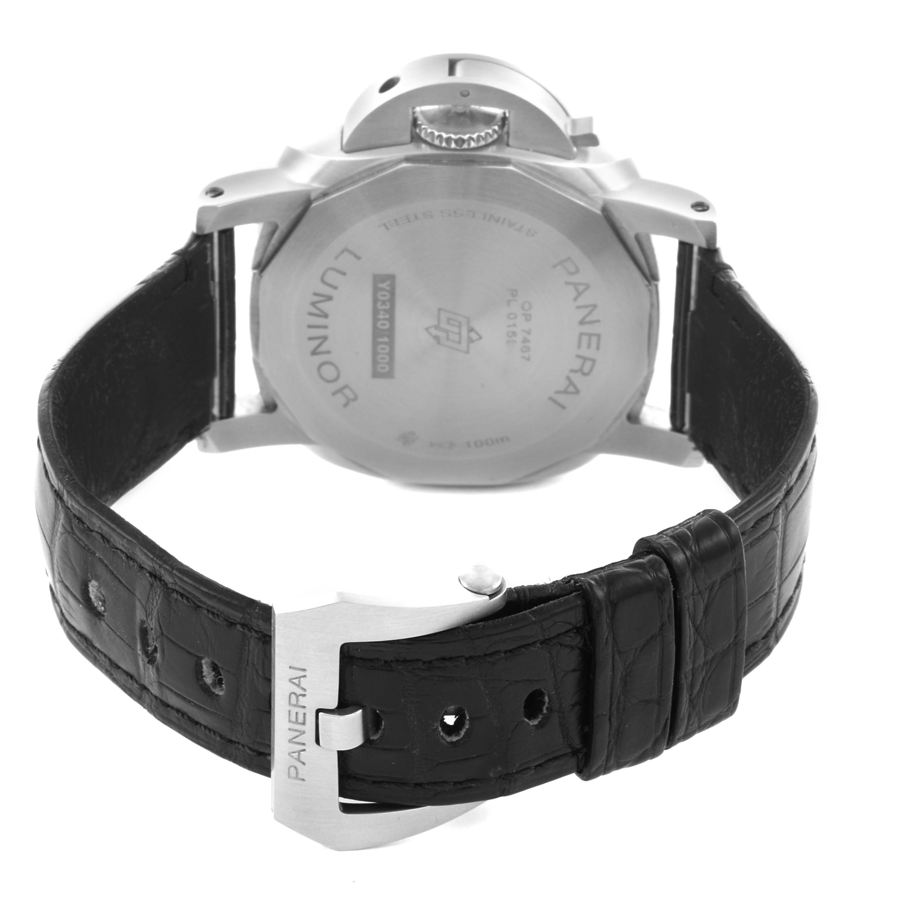 The image shows the back case and leather strap of a Panerai Luminor PAM01371 Men's Stainless Steel White Dial PAM01371 Men's Stainless Steel White Dial watch from a rear angle.