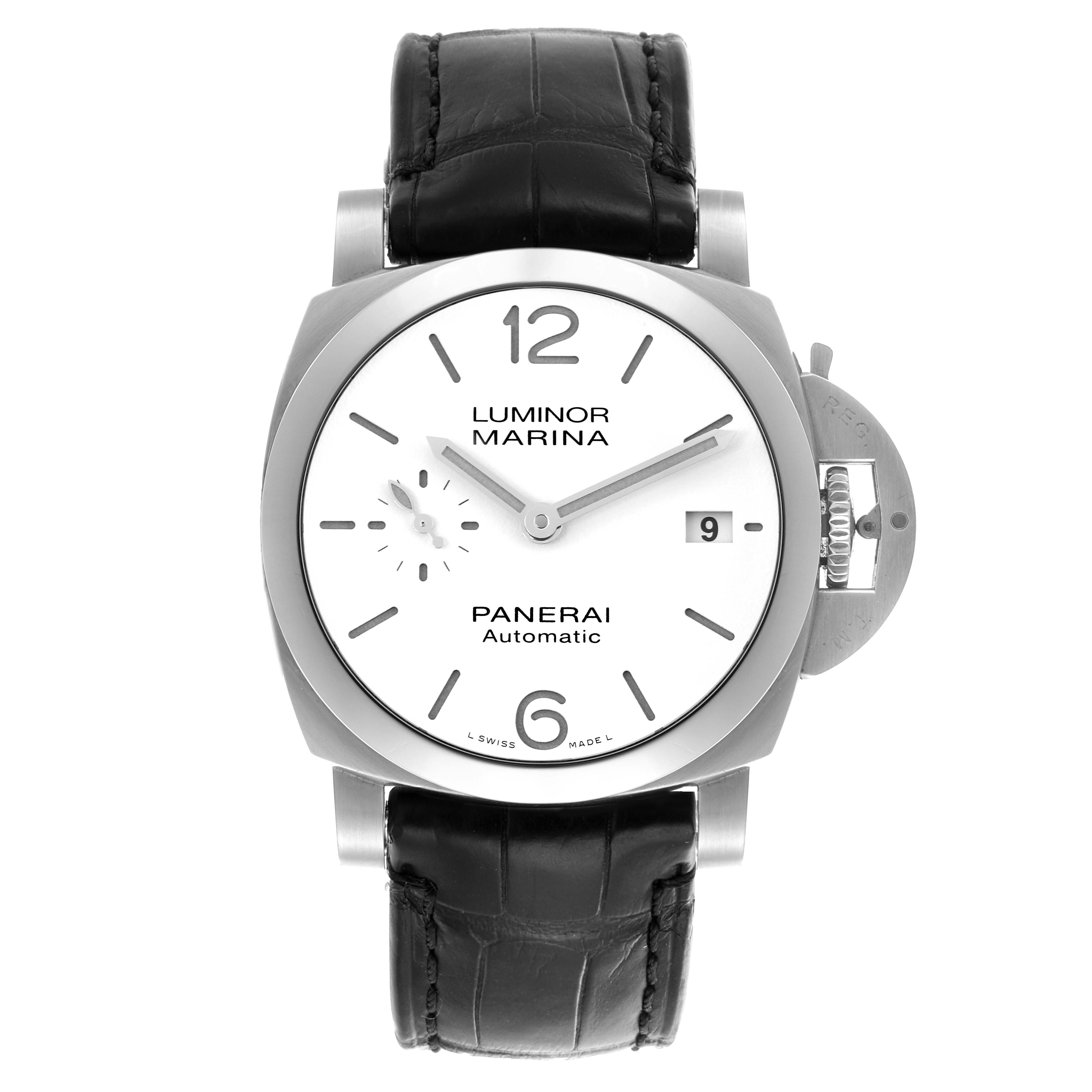 The Panerai Luminor PAM01371 Men's Stainless Steel White Dial PAM01371 Men's Stainless Steel White Dial watch is shown from the front, highlighting the dial, hour markers, date window, and leather strap.