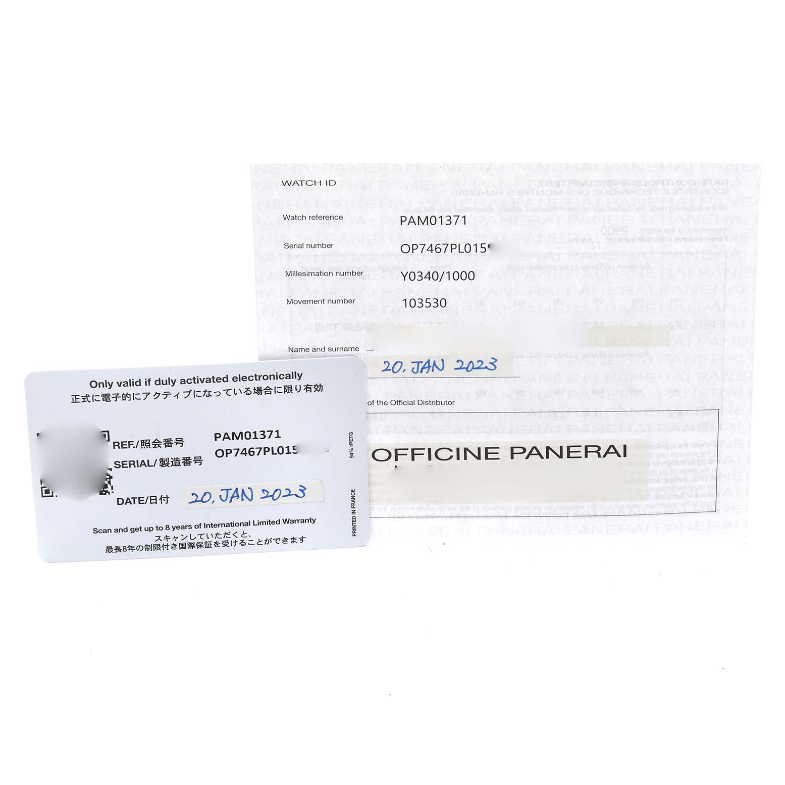 The image shows warranty cards for a Panerai Luminor PAM01371 Men's Stainless Steel White Dial PAM01371 Men's Stainless Steel White Dial watch model PAM01371.