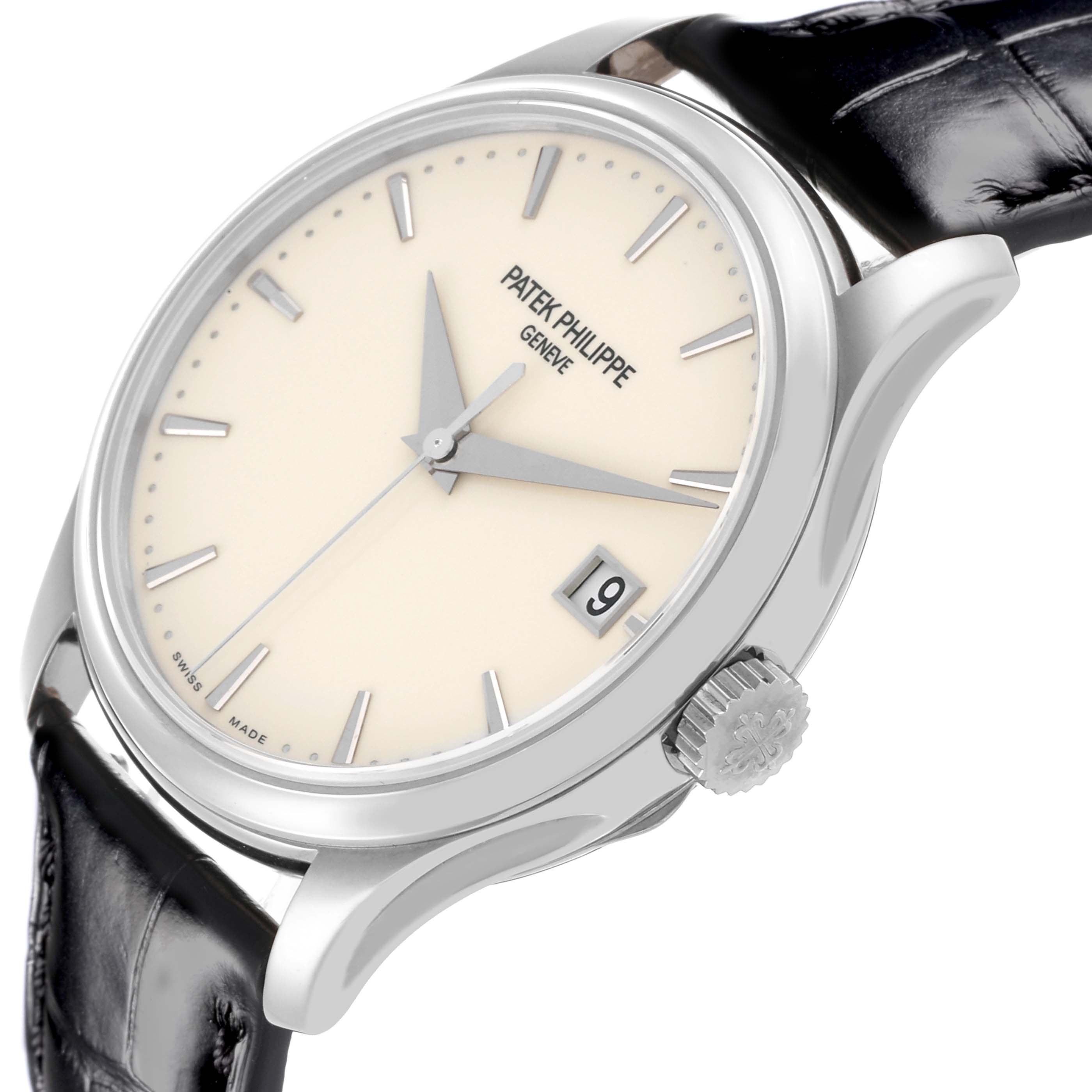 The Patek Philippe Calatrava 5227G-001 Men's White Gold Beige Dial 5227G-001 Men's White Gold Beige Dial watch is shown at an angled side view, highlighting the face, crown, and strap.