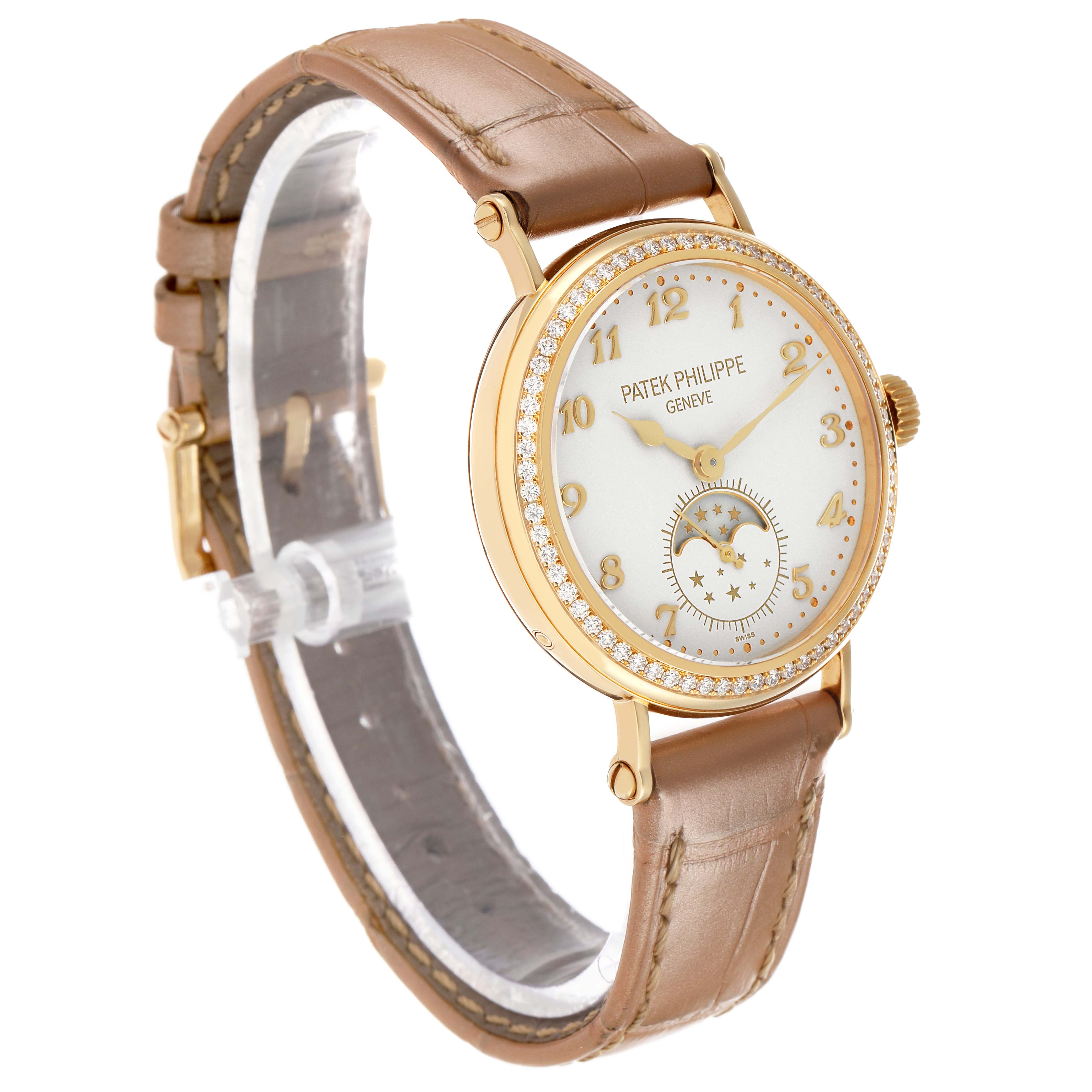 The Patek Philippe Calatrava 7121J-001 Women's Yellow Gold Silver Dial watch is shown at a three-quarter angle, highlighting the face, bezel, crown, and brown leather strap.
