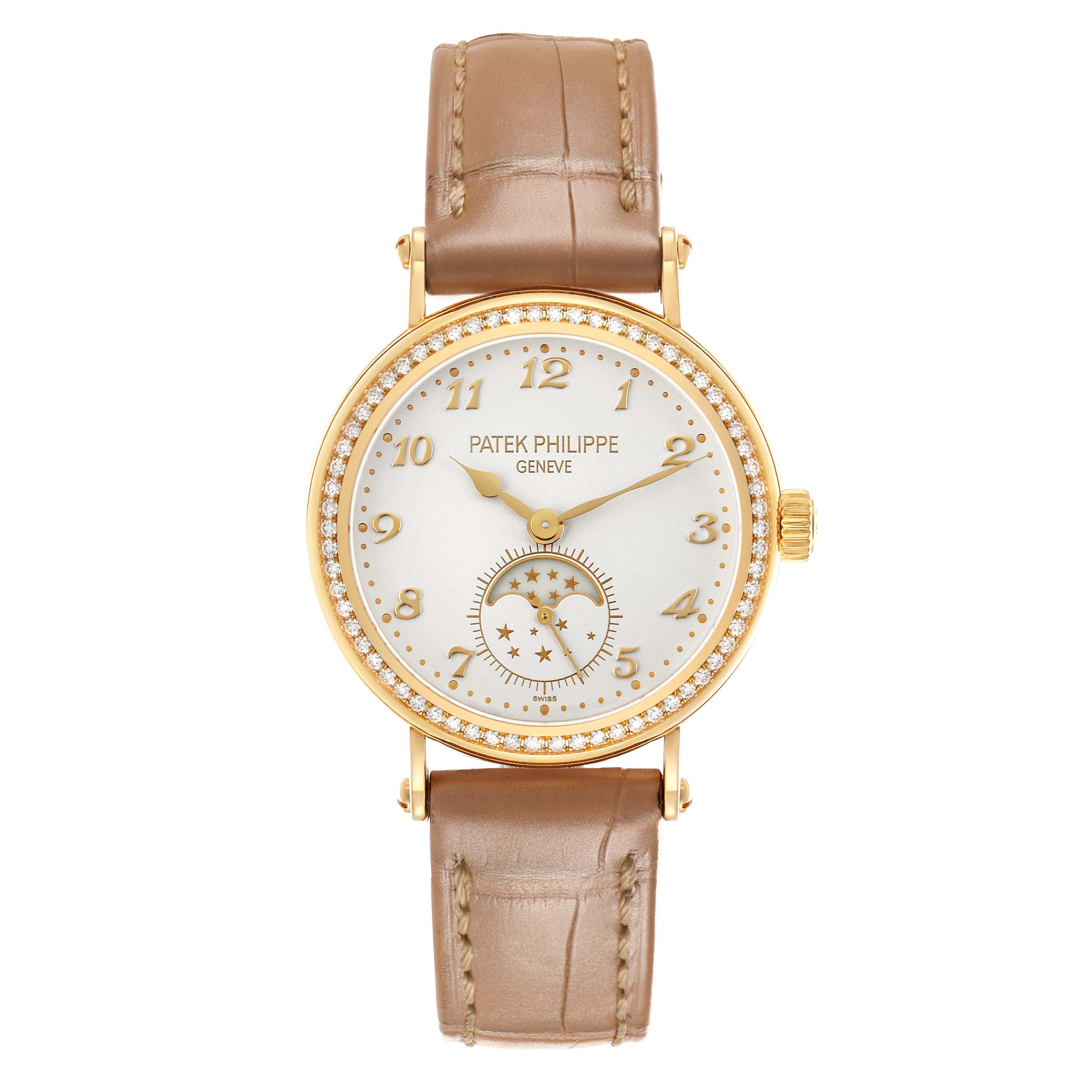 The Patek Philippe Calatrava 7121J-001 Women's Yellow Gold Silver Dial watch is shown from the front, displaying the face, bezel, hands, and strap.