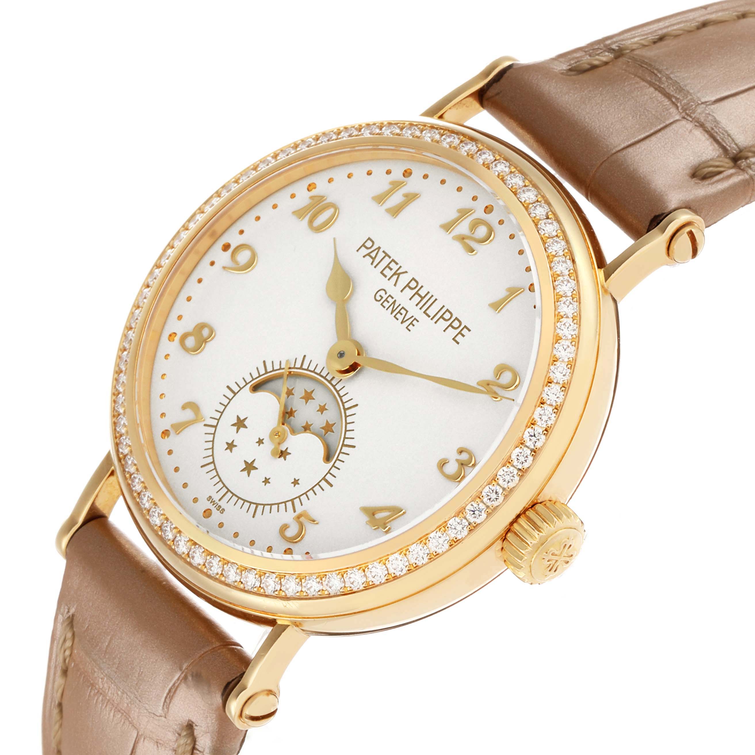 The Patek Philippe Calatrava 7121J-001 Women's Yellow Gold Silver Dial watch is shown at an angle displaying the face, crown, and part of the strap.
