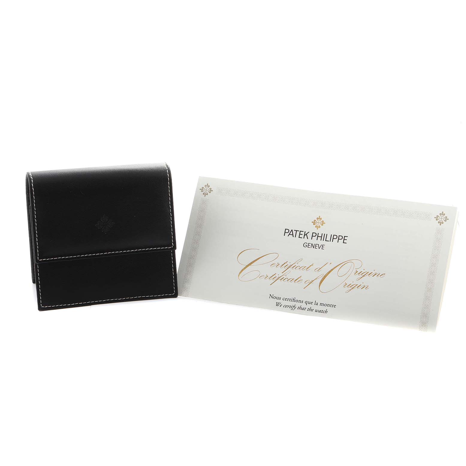 The image shows a black leather pouch and certificate for the Patek Philippe Calatrava 7121J-001 Women's Yellow Gold Silver Dial watch, viewed from the front.