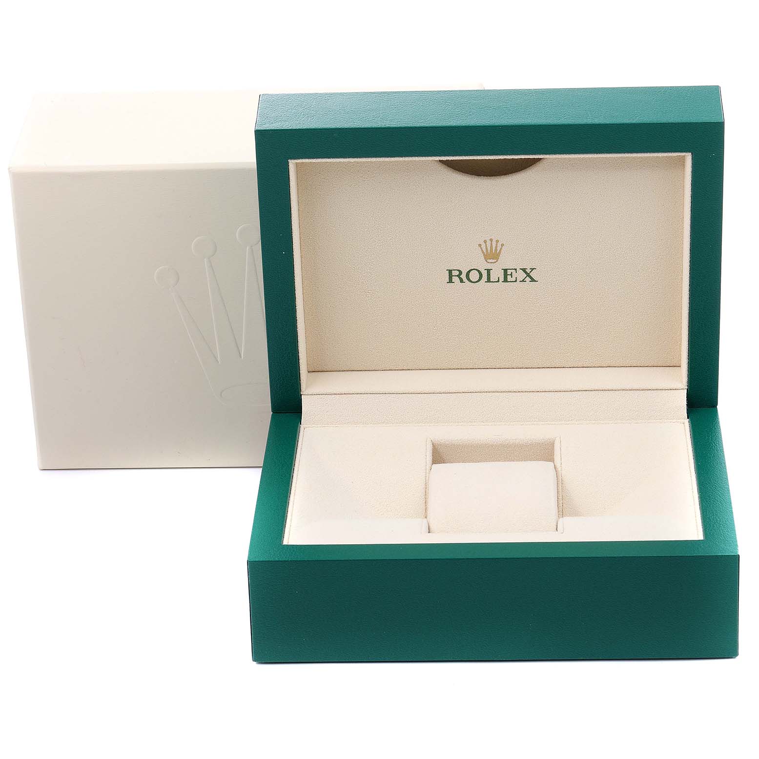 This is an open Rolex Air-King 114200 Men's Stainless Steel Blue Dial 114200 Men's Stainless Steel Blue Dial watch box with a green exterior and beige interior, displaying the brand logo.