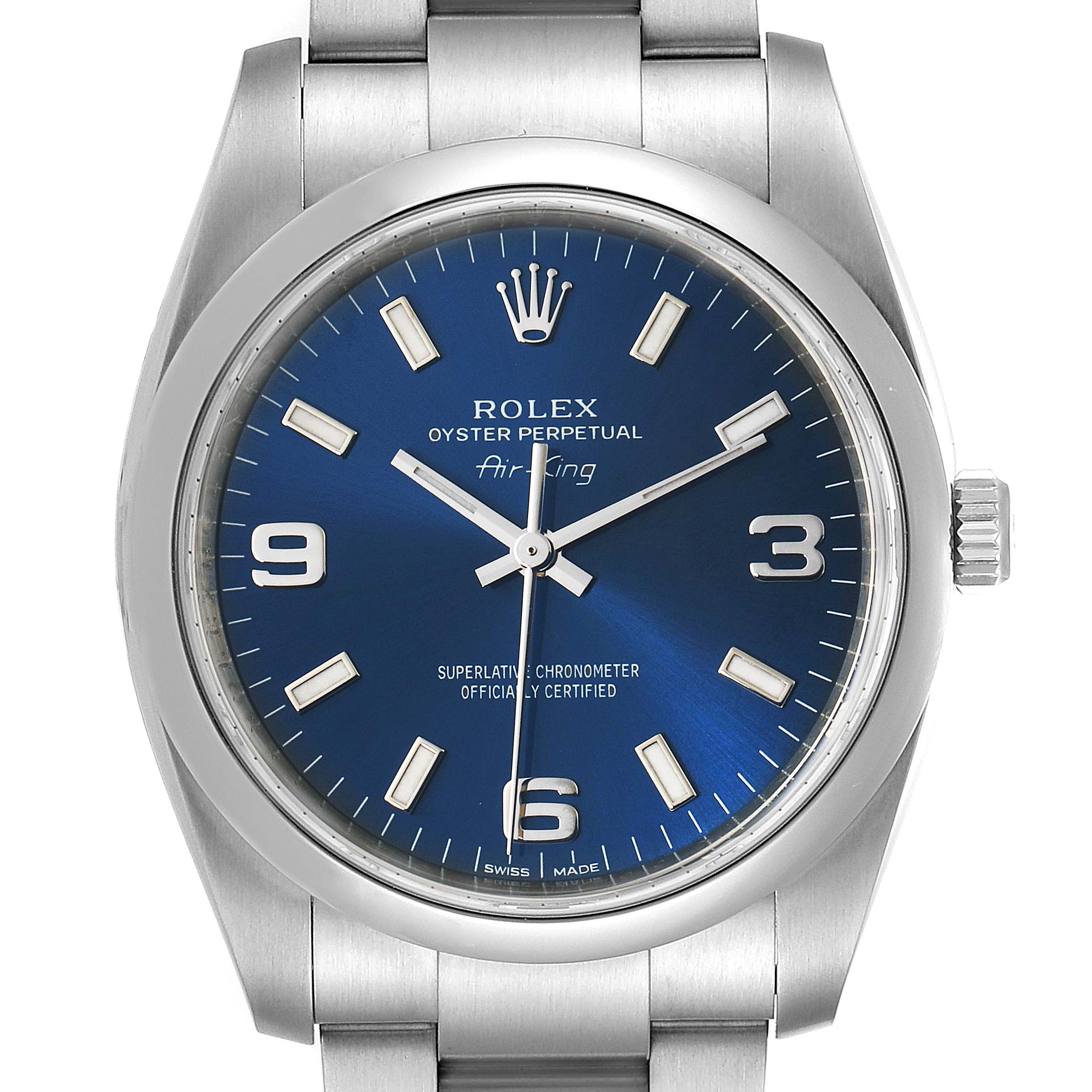 This image shows a front view of the Rolex Air-King 114200 Men's Stainless Steel Blue Dial 114200 Men's Stainless Steel Blue Dial watch, highlighting its blue dial, stainless steel case, and bracelet.