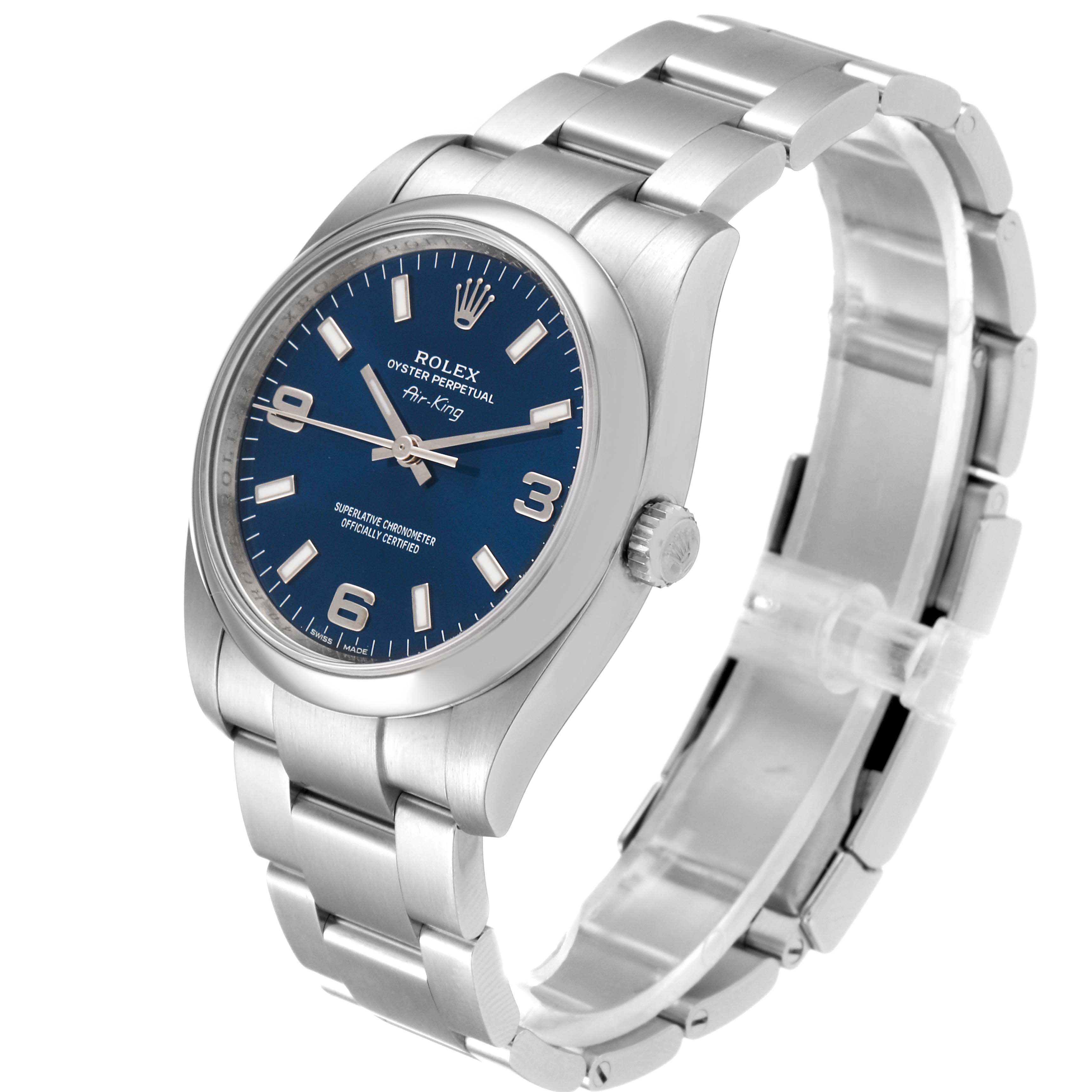 The image shows a Rolex Air-King 114200 Men's Stainless Steel Blue Dial 114200 Men's Stainless Steel Blue Dial watch angled to display the face, crown, and stainless steel bracelet.
