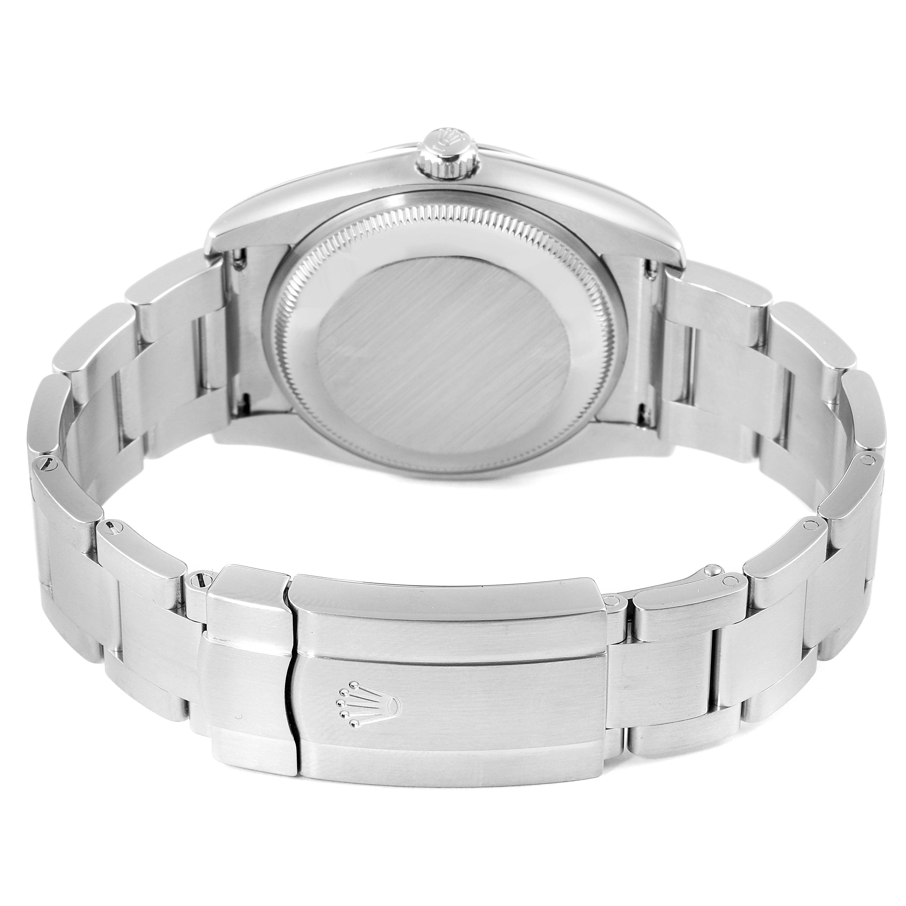 The image shows the back and band of a Rolex Air-King 114200 Men's Stainless Steel Blue Dial 114200 Men's Stainless Steel Blue Dial watch, highlighting the clasp and case back.