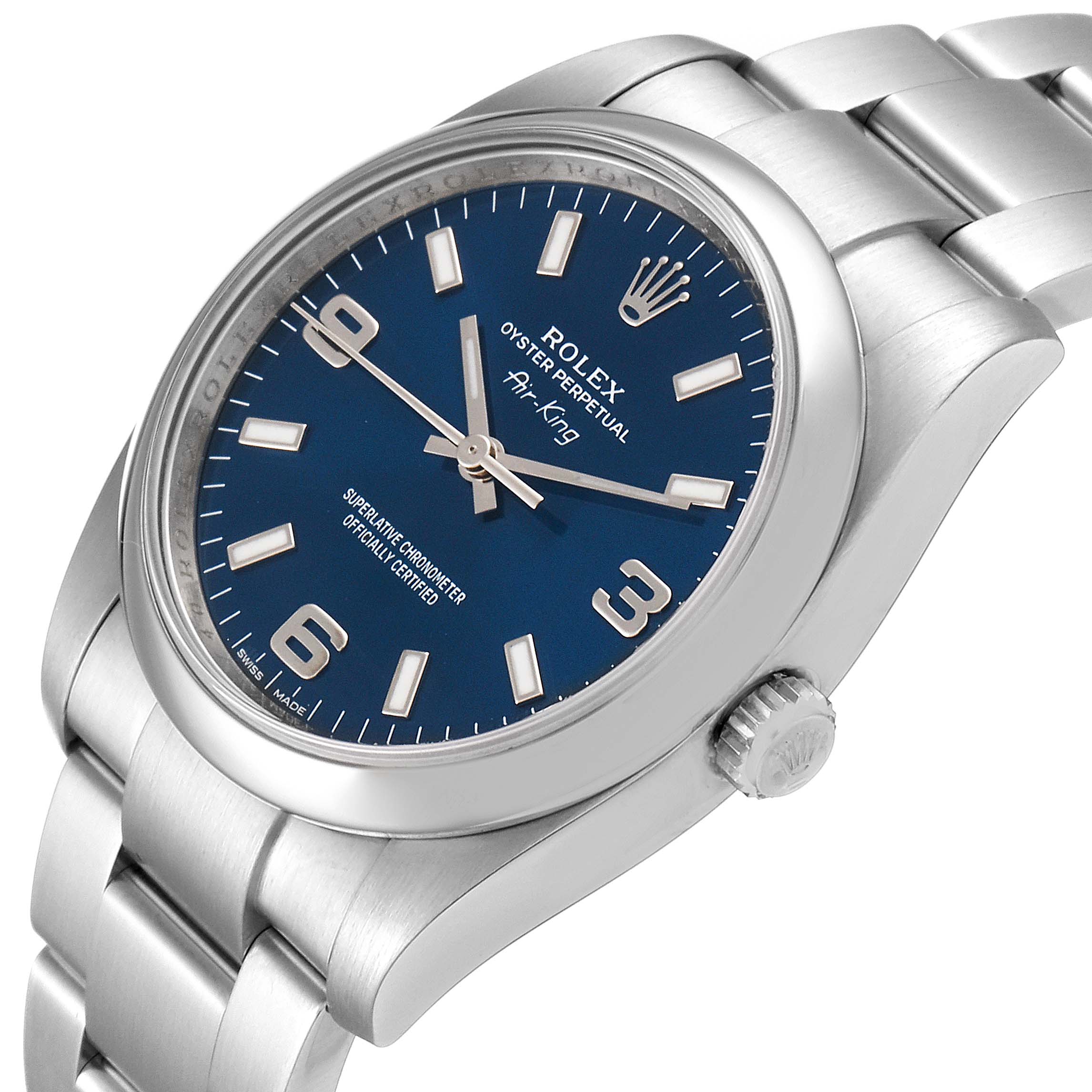This image shows a Rolex Air-King 114200 Men's Stainless Steel Blue Dial 114200 Men's Stainless Steel Blue Dial watch at a slight angle, highlighting its blue dial, crown, and stainless steel bracelet.