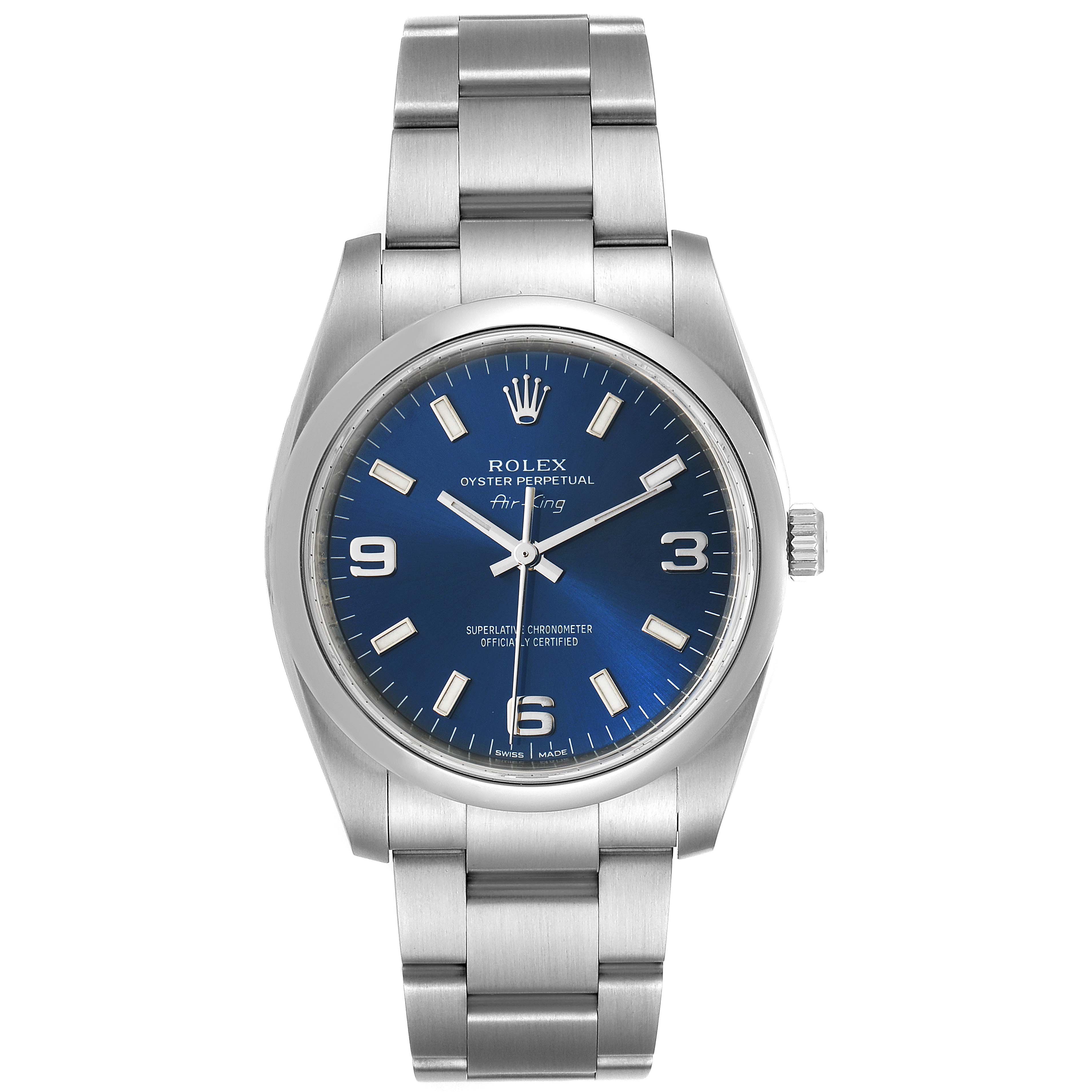 The image shows a front view of a Rolex Air-King 114200 Men's Stainless Steel Blue Dial 114200 Men's Stainless Steel Blue Dial watch displaying its face, bezel, and bracelet.