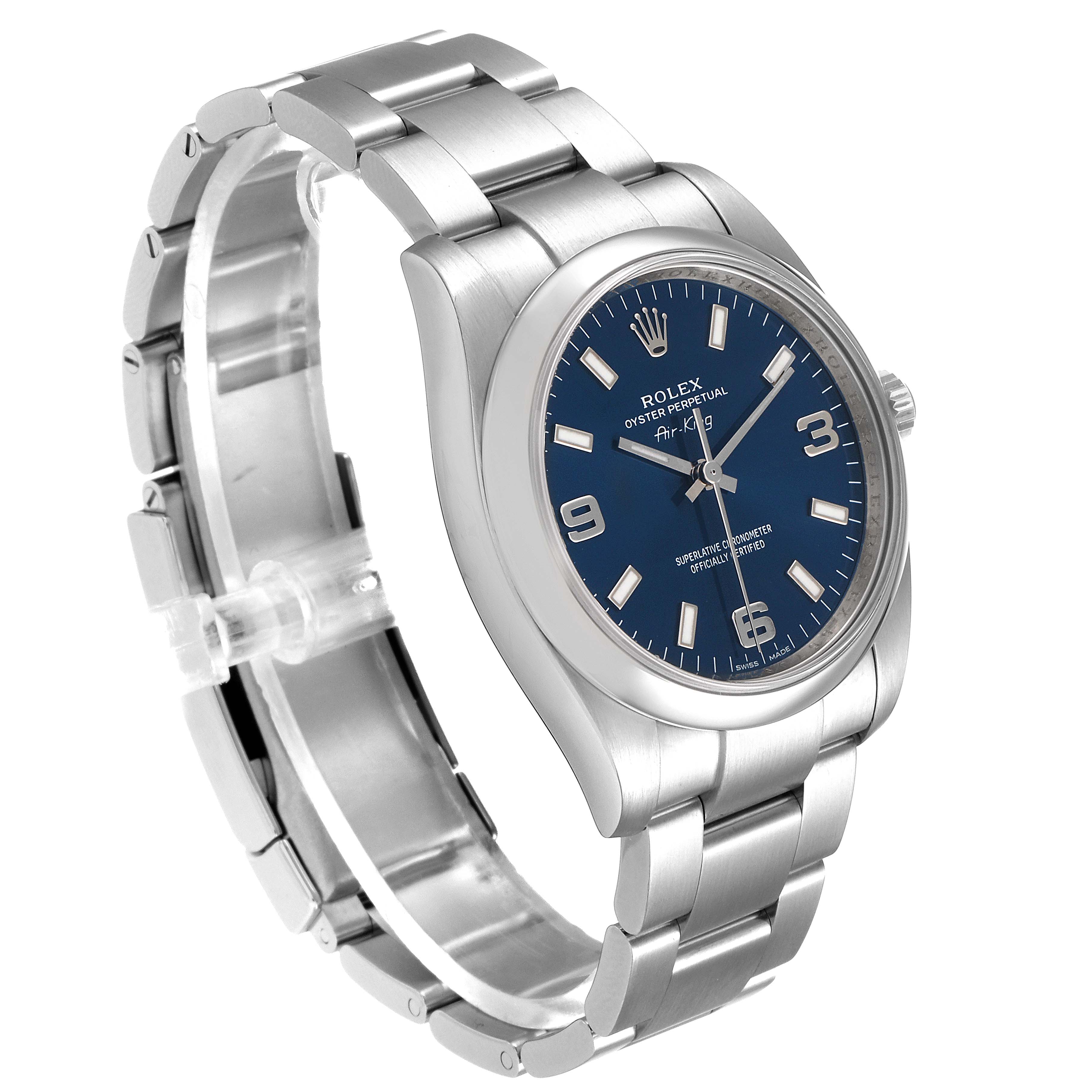 The image shows a side angle of the Rolex Air-King 114200 Men's Stainless Steel Blue Dial 114200 Men's Stainless Steel Blue Dial watch, highlighting its blue dial, stainless steel case, and bracelet.