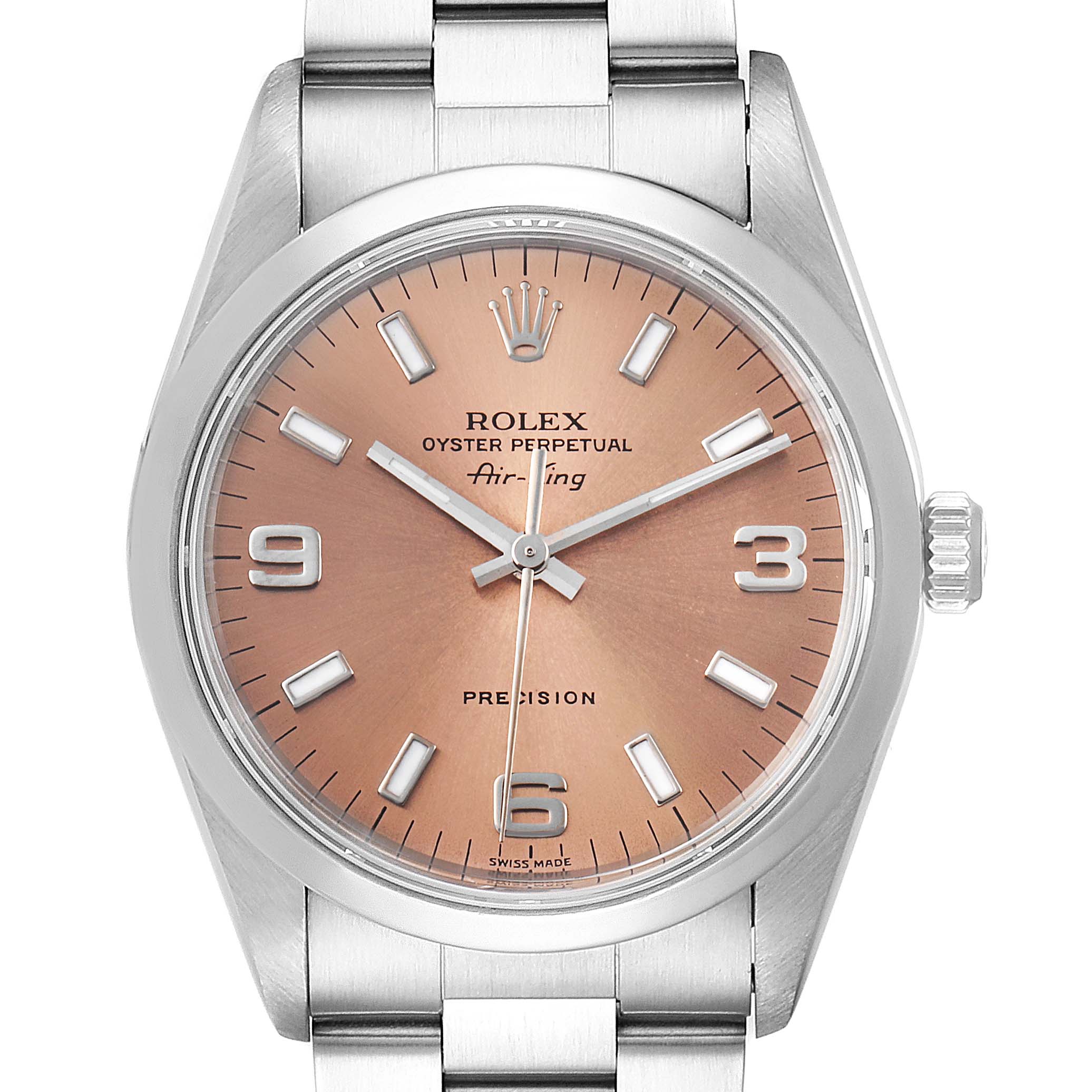 The Rolex Air-King 14000 Men's Stainless Steel Pink Dial 14000 Men's Stainless Steel Pink Dial watch is shown from the front, displaying its dial, hands, indices, crown, and part of the bracelet.