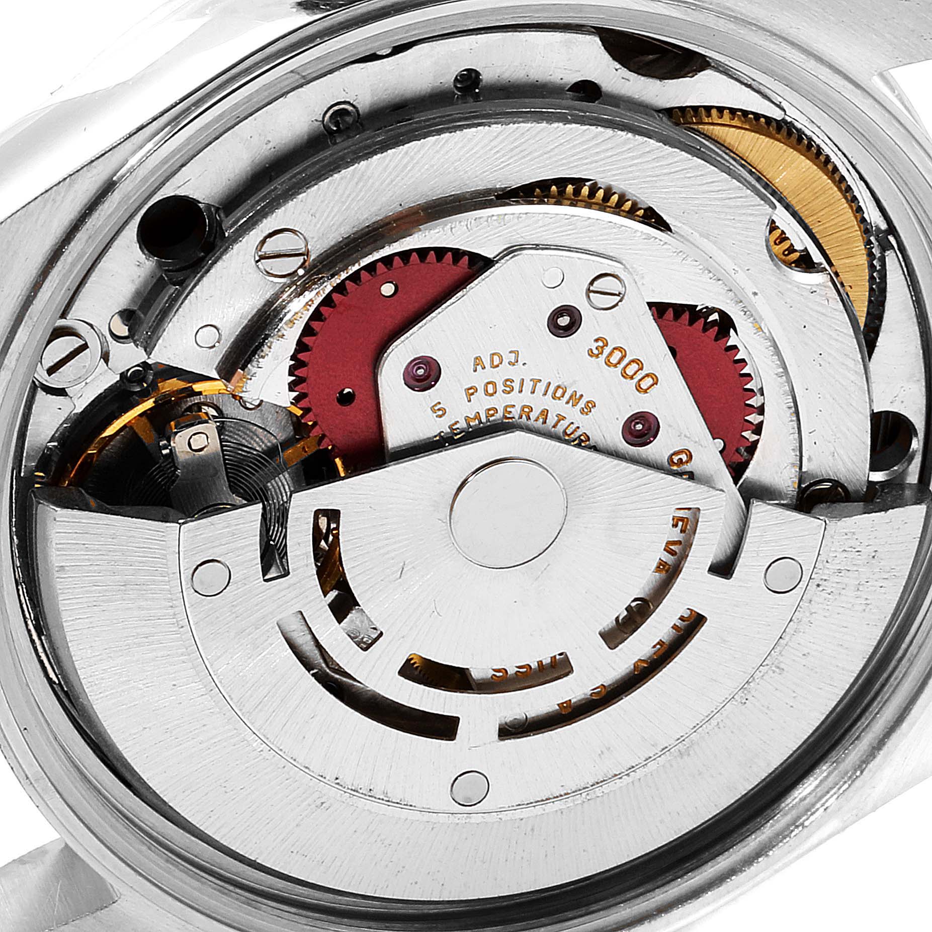 This image shows the internal mechanism of a Rolex Air-King 14000 Men's Stainless Steel Pink Dial 14000 Men's Stainless Steel Pink Dial watch, focusing on the intricate gears and movement parts.