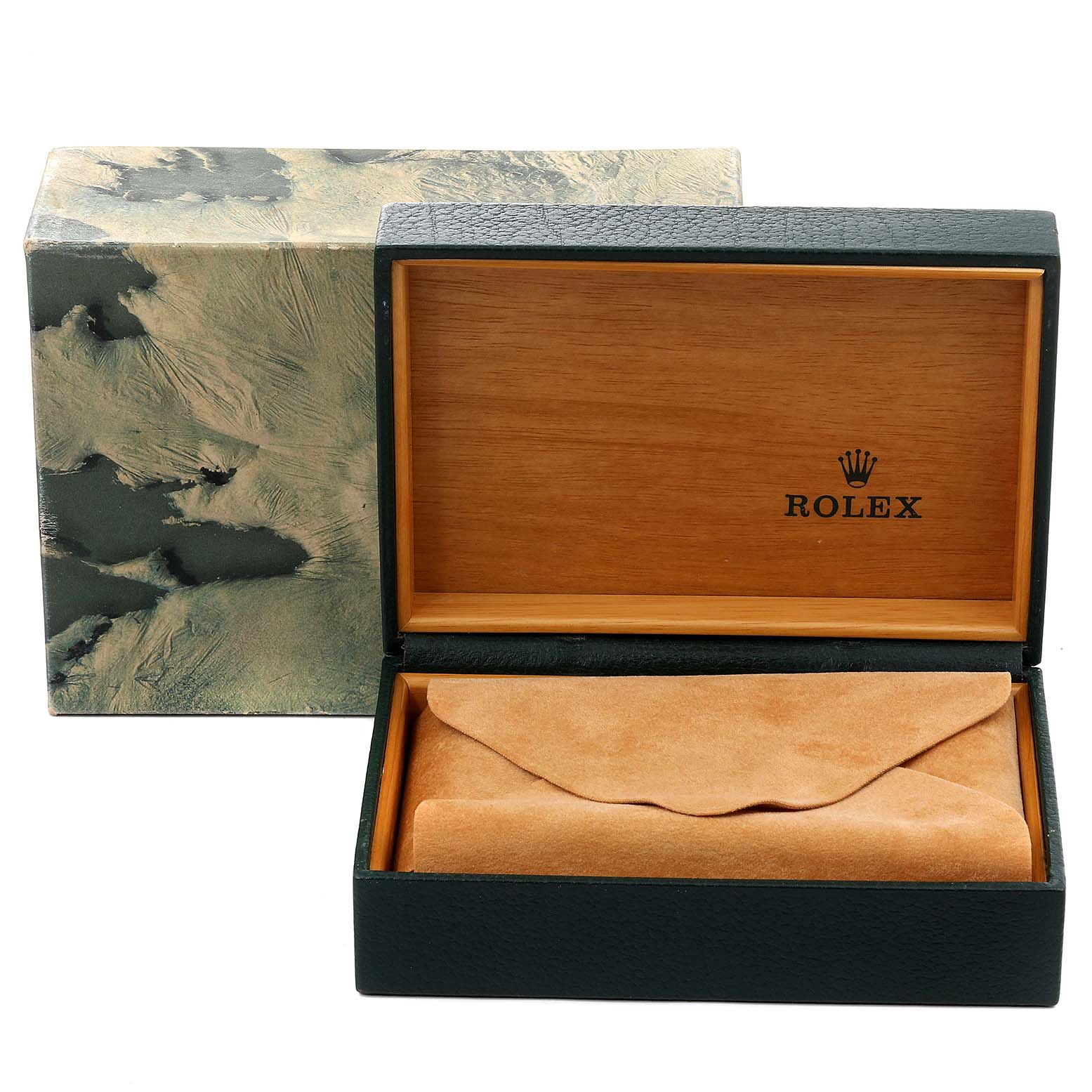 The image shows the opened box for an Air-King model by Rolex, revealing its interior and protective pouch.