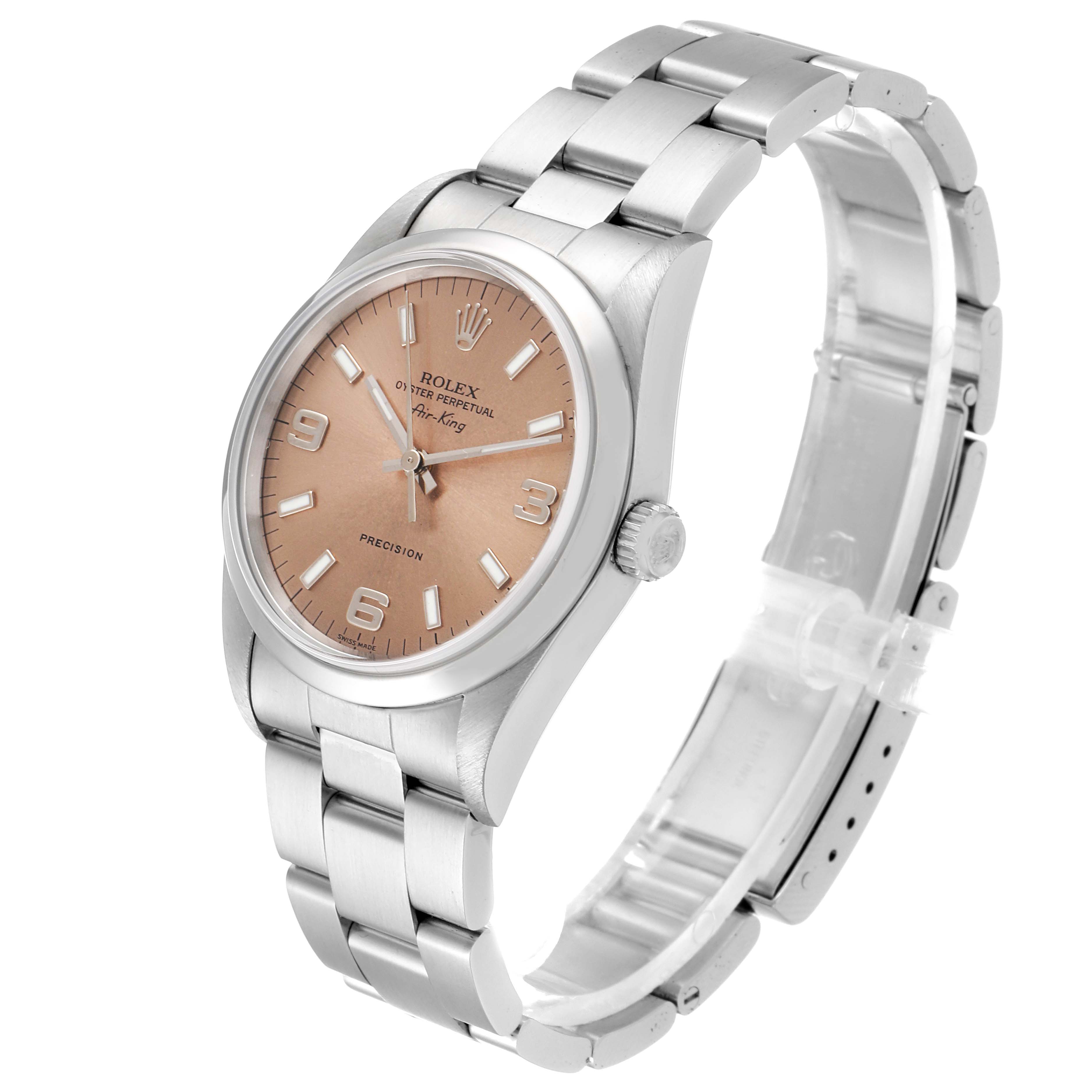 The Rolex Air-King 14000 Men's Stainless Steel Pink Dial 14000 Men's Stainless Steel Pink Dial watch is shown at a slight angle, displaying the dial, bezel, crown, and bracelet.