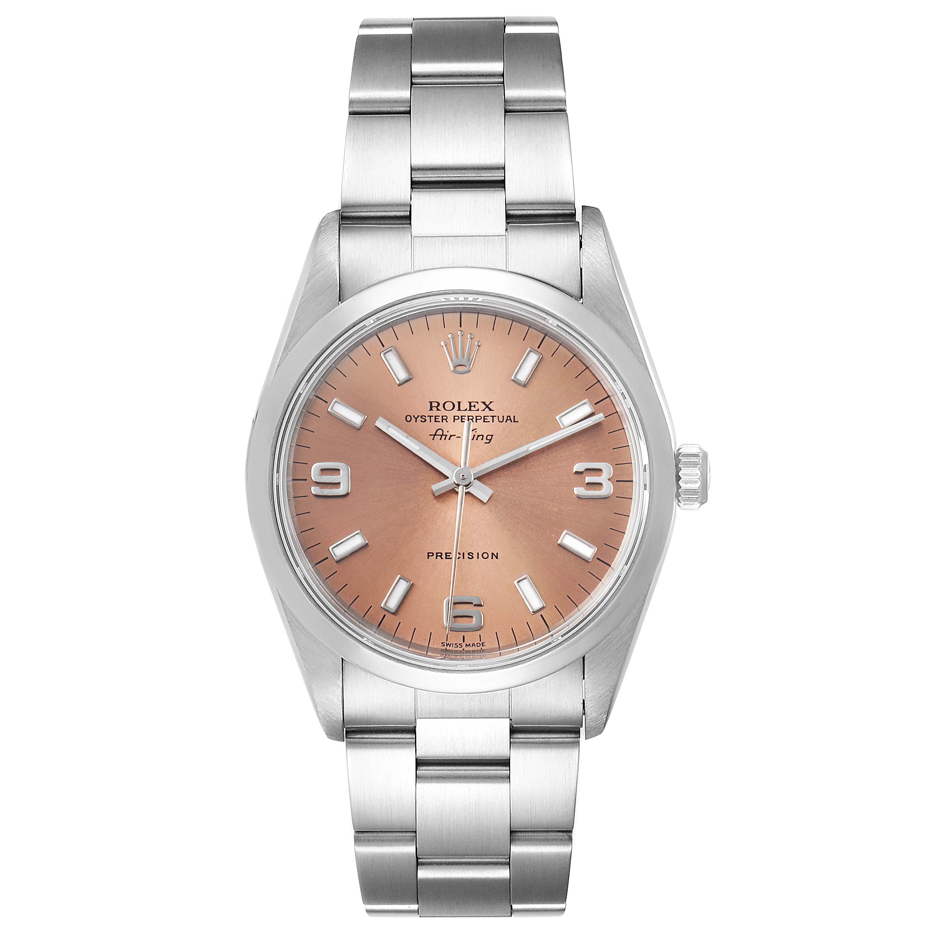 The Rolex Air-King 14000 Men's Stainless Steel Pink Dial 14000 Men's Stainless Steel Pink Dial watch is shown from a top-down angle, displaying its full face, bezel, and bracelet.