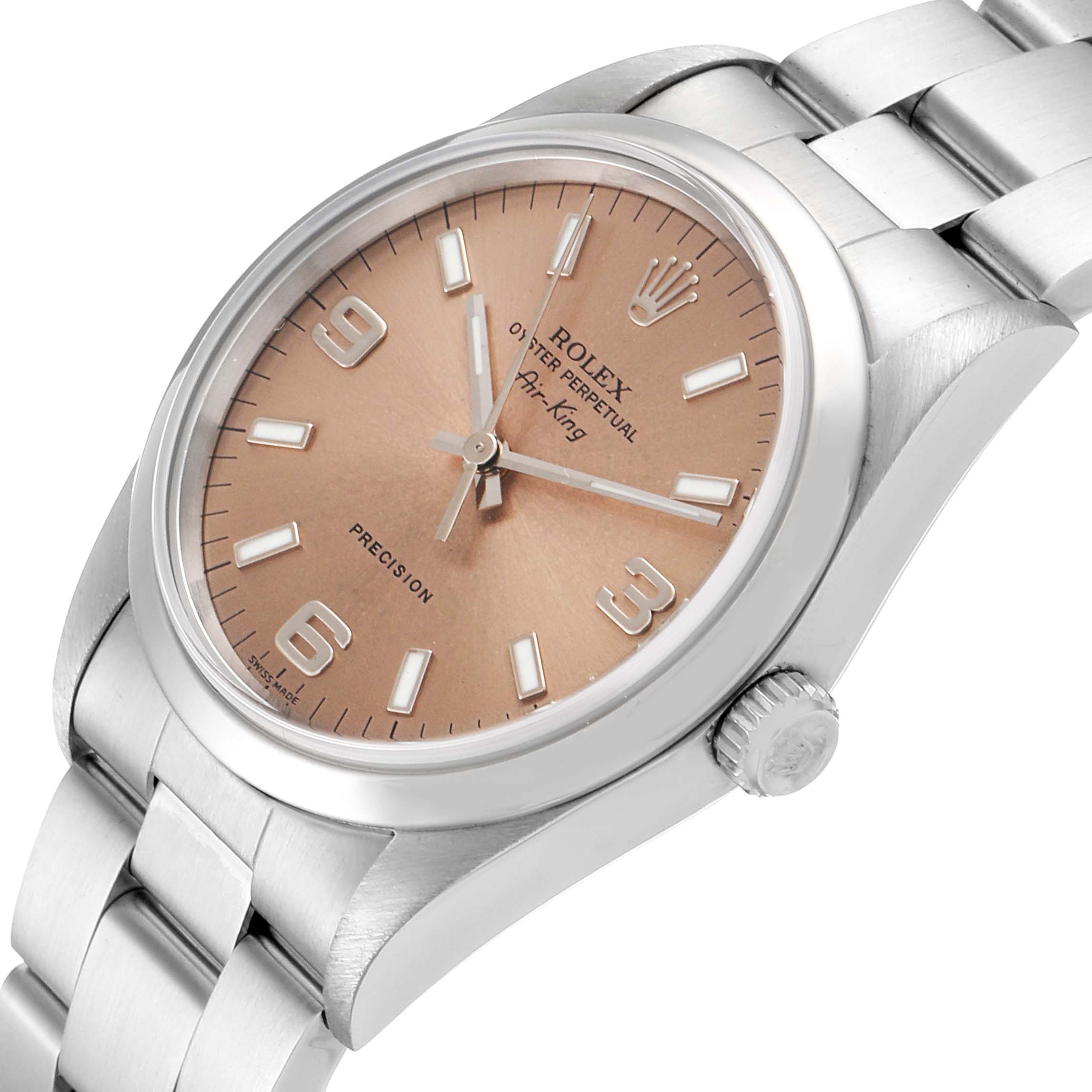 This image shows a Rolex Air-King 14000 Men's Stainless Steel Pink Dial 14000 Men's Stainless Steel Pink Dial watch from an oblique angle, highlighting the dial, crown, and metal bracelet.