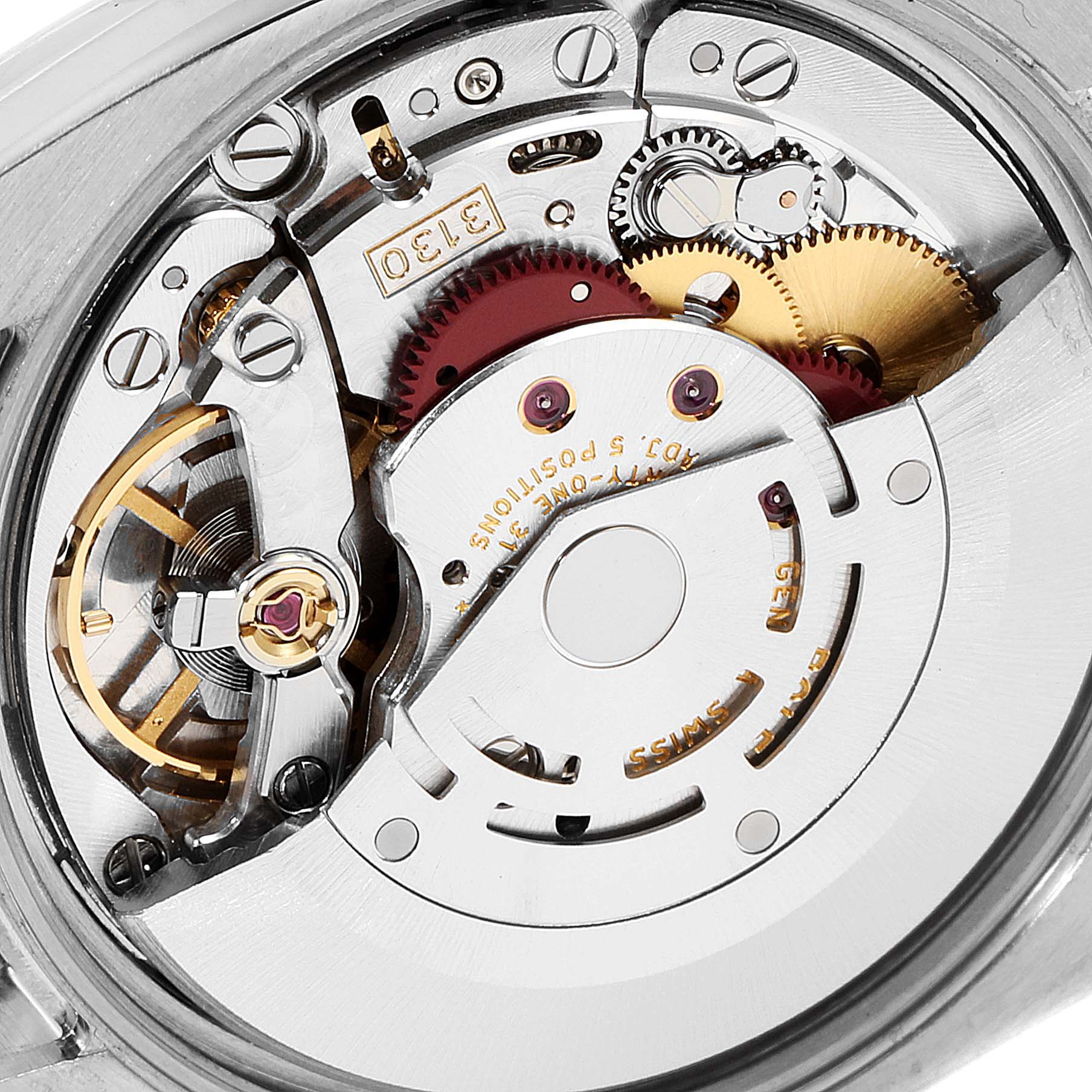 The image shows the movement of the Rolex Air-King 114210 Men's Stainless Steel Blue Dial 114210 Men's Stainless Steel Blue Dial watch, highlighting gears and mechanical components.