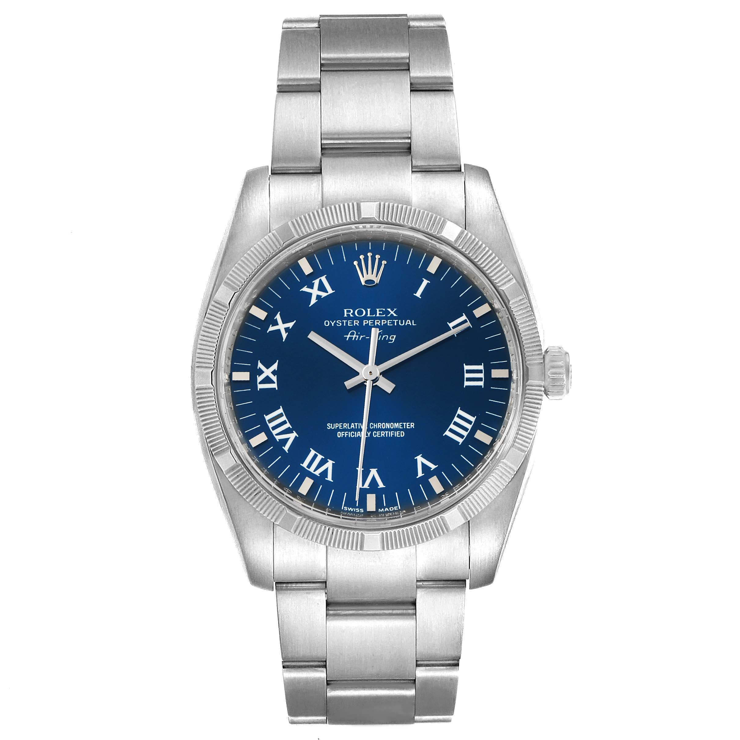 This Rolex Air-King 114210 Men's Stainless Steel Blue Dial 114210 Men's Stainless Steel Blue Dial model is shown from a front angle, displaying its face, bezel, case, and bracelet.