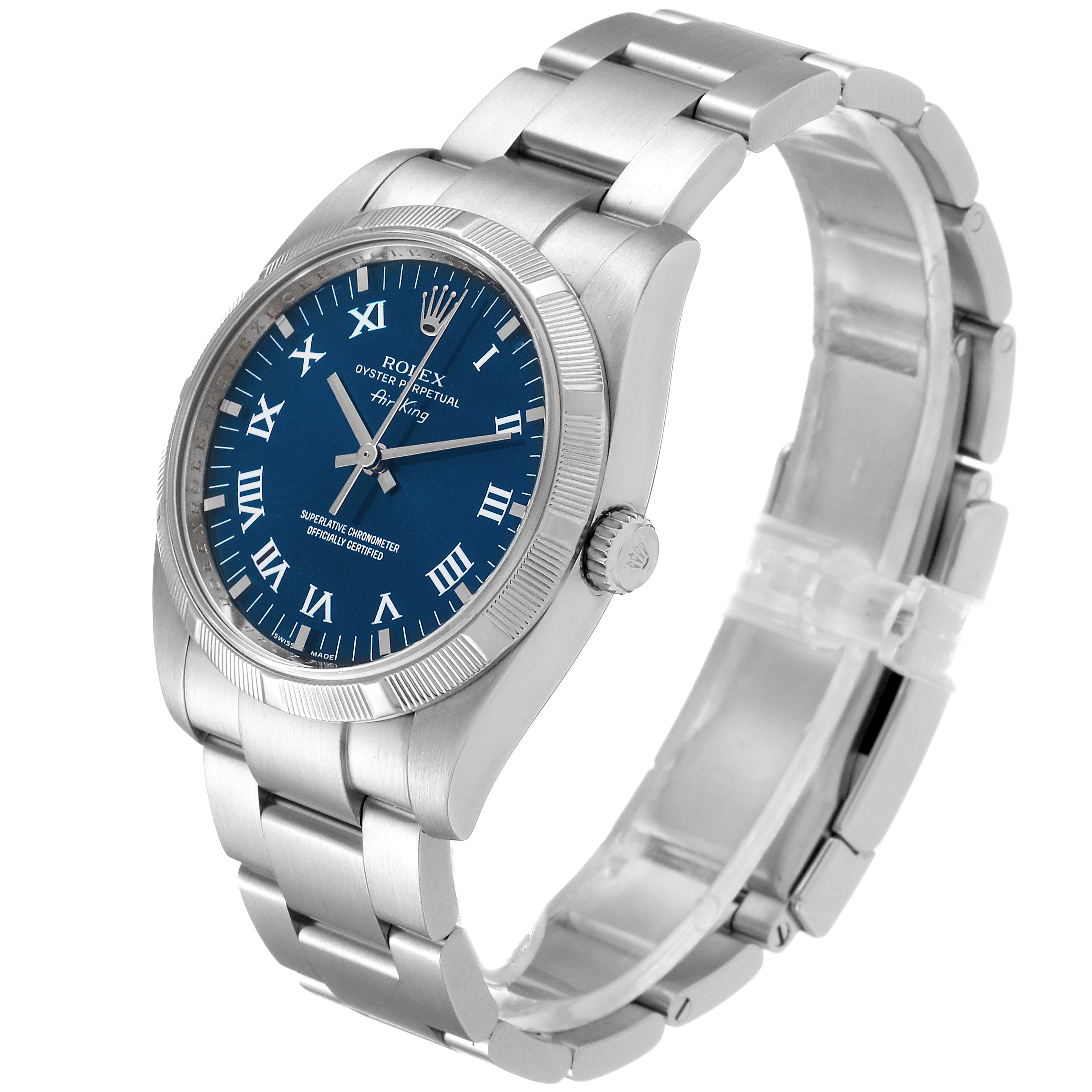 The image shows a side angle of a Rolex Air-King 114210 Men's Stainless Steel Blue Dial 114210 Men's Stainless Steel Blue Dial watch, displaying the bracelet, crown, and blue dial.