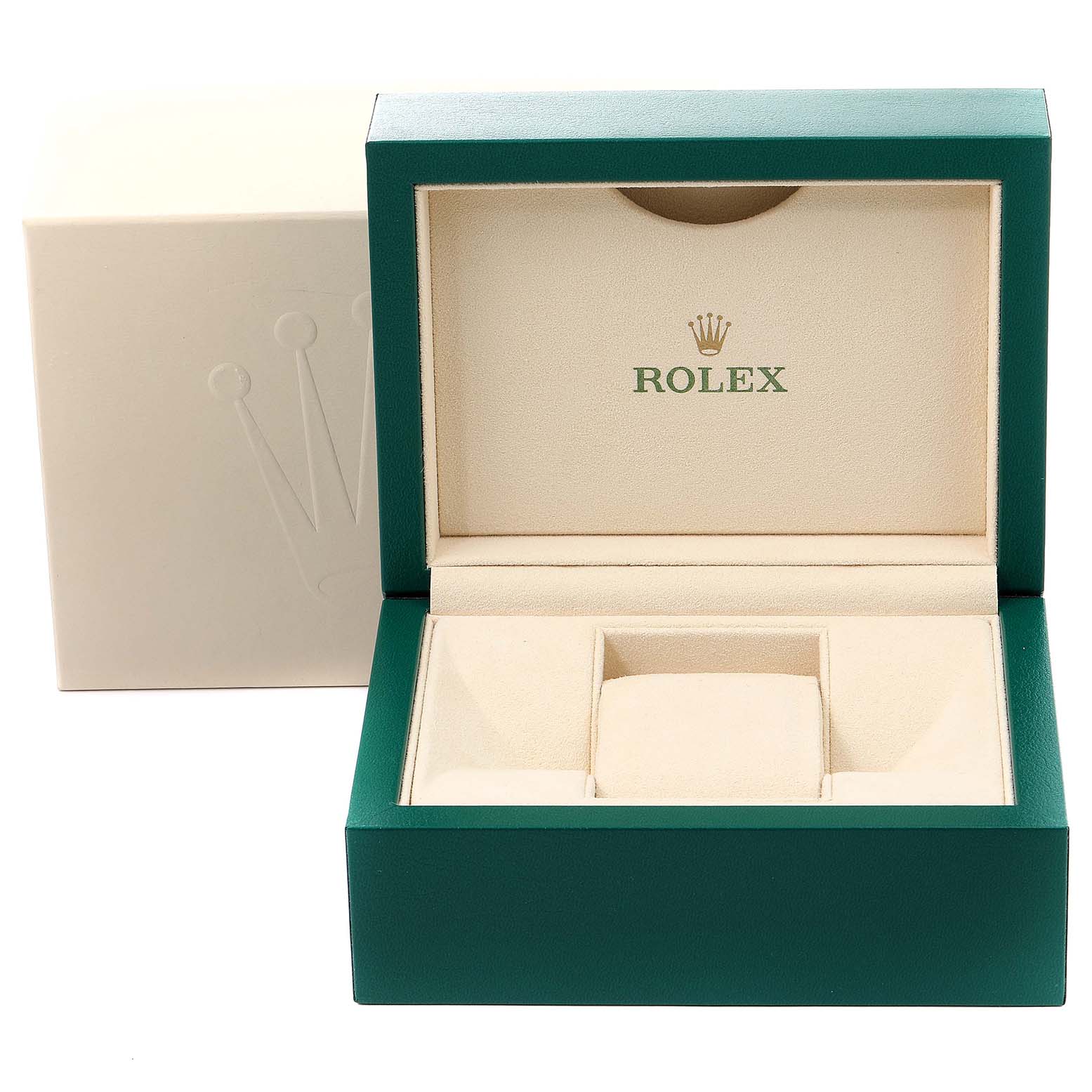 This image shows an open green Rolex box for the Air-King model, displaying its cushioned interior.