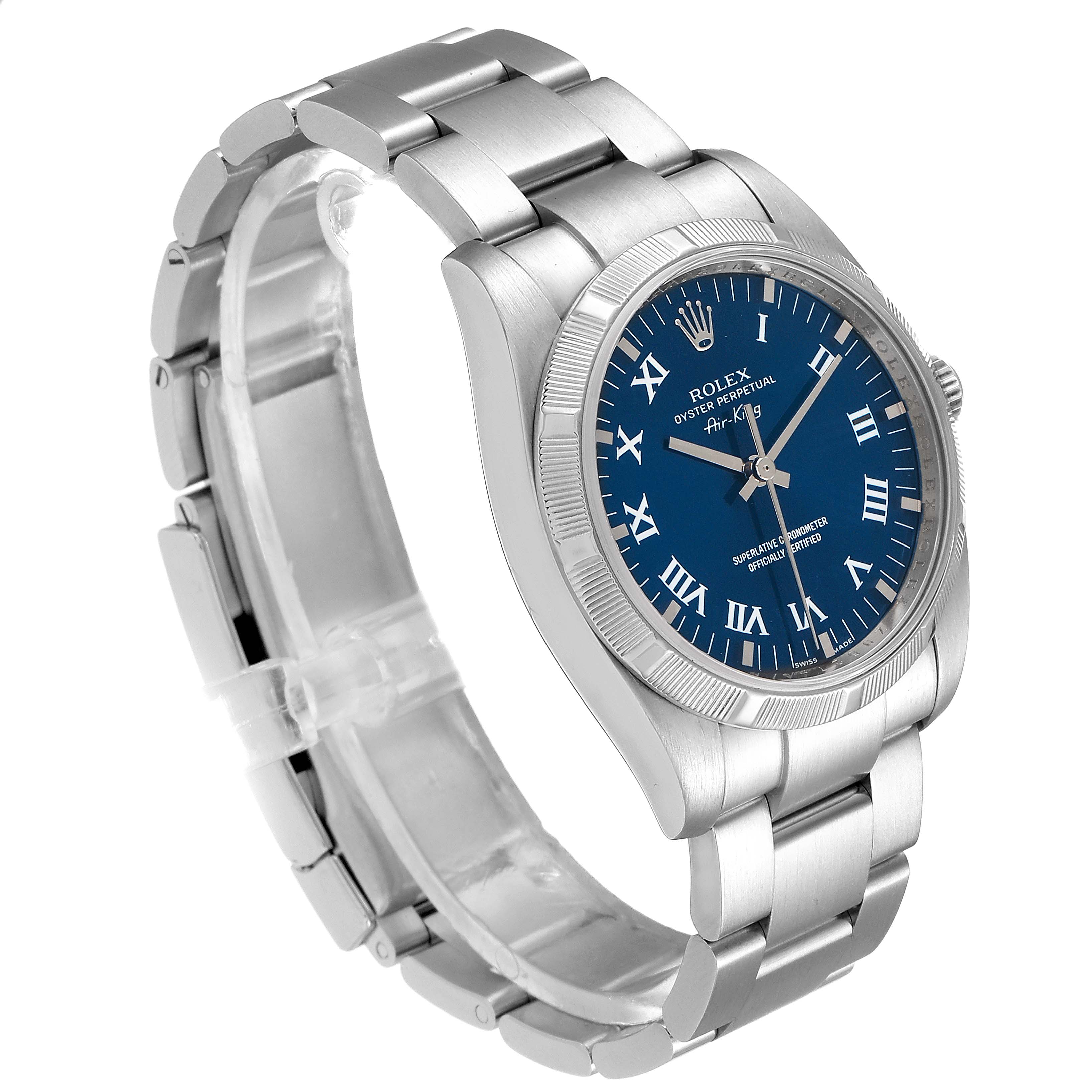 The image shows a Rolex Air-King 114210 Men's Stainless Steel Blue Dial 114210 Men's Stainless Steel Blue Dial watch at a side angle, highlighting the bracelet, case, and blue dial with Roman numerals.