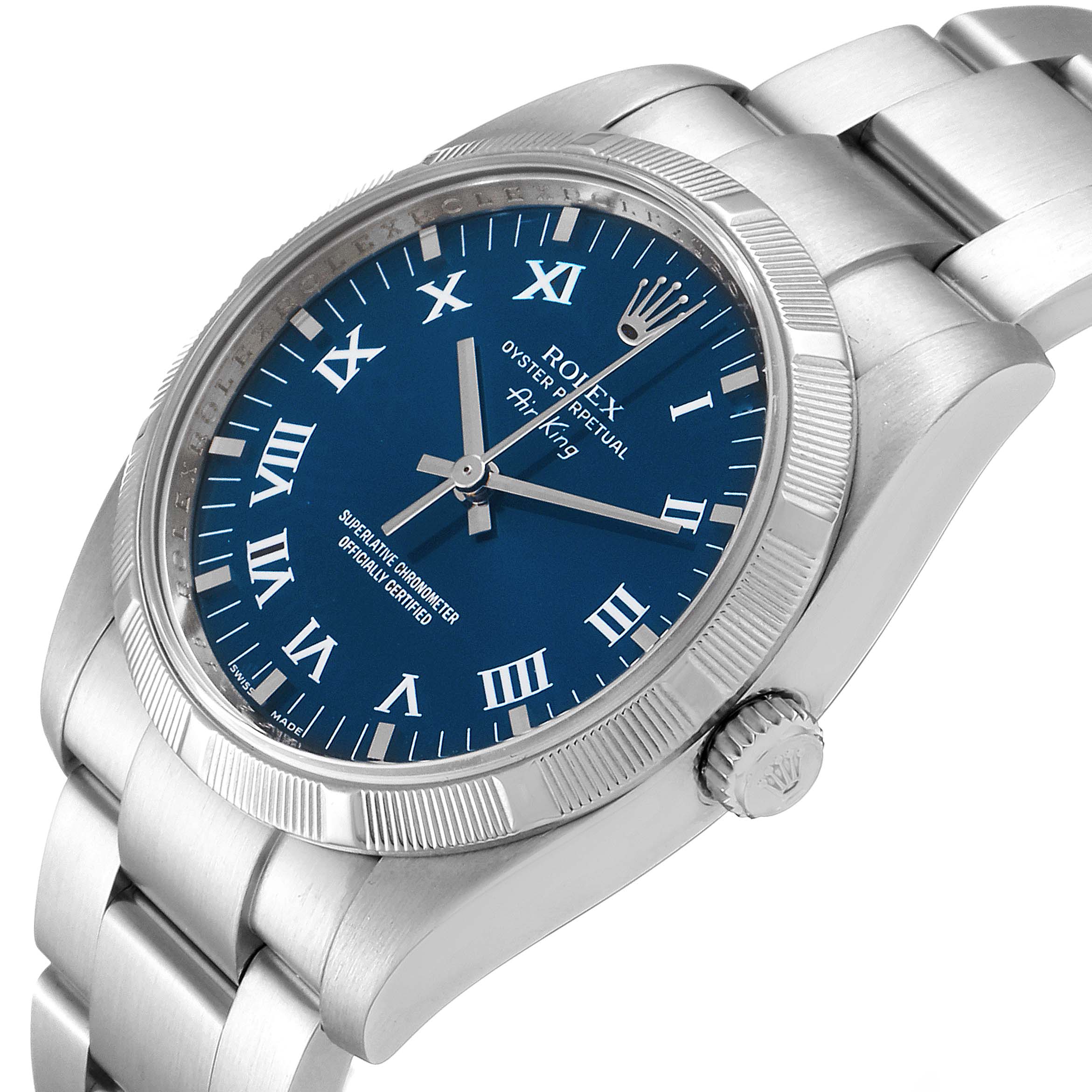 The image shows a Rolex Air-King 114210 Men's Stainless Steel Blue Dial 114210 Men's Stainless Steel Blue Dial watch at a slight angle, focusing on the face, bezel, crown, and part of the bracelet.