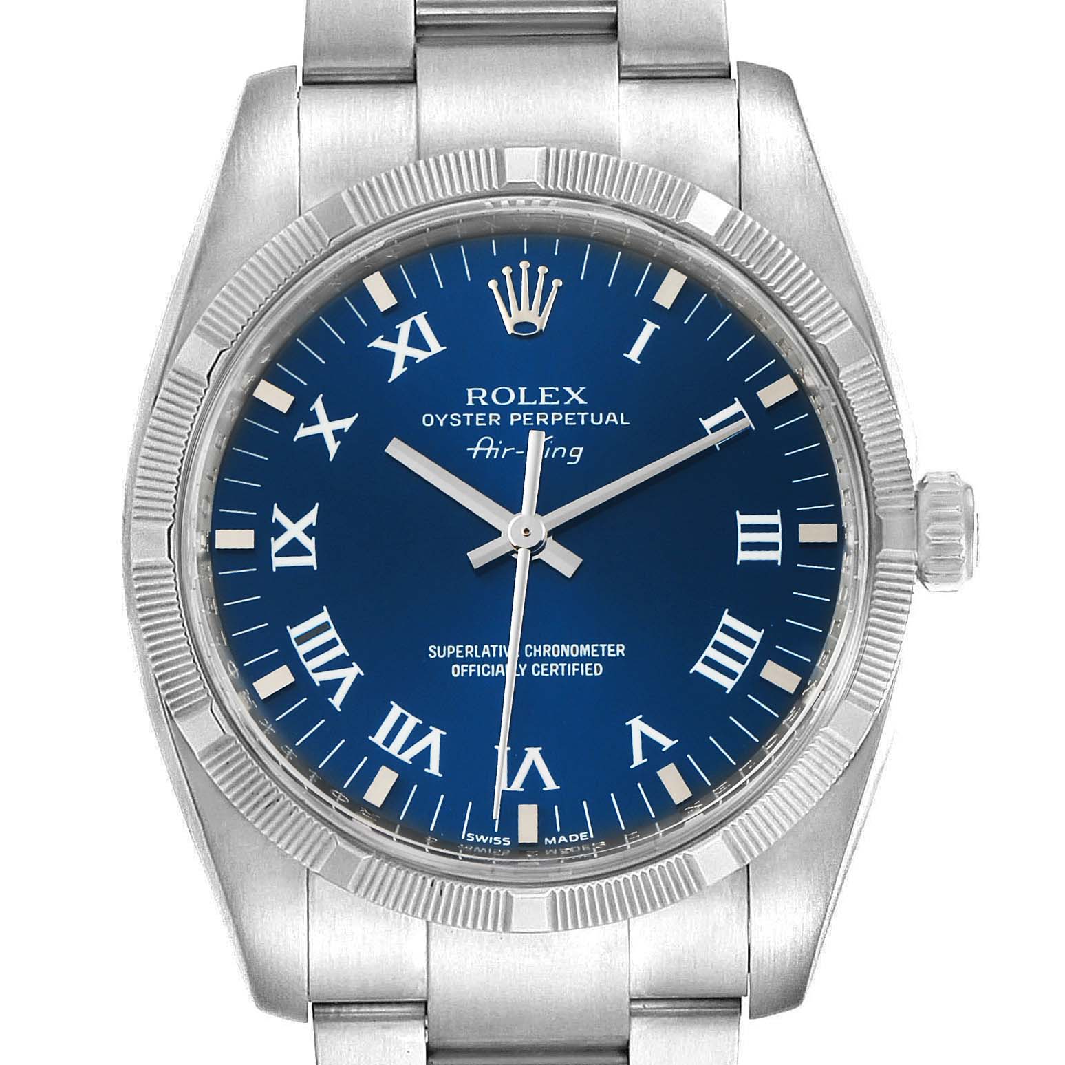 The image shows a front view of the Rolex Air-King 114210 Men's Stainless Steel Blue Dial 114210 Men's Stainless Steel Blue Dial watch, highlighting its blue dial, Roman numerals, and silver bracelet.