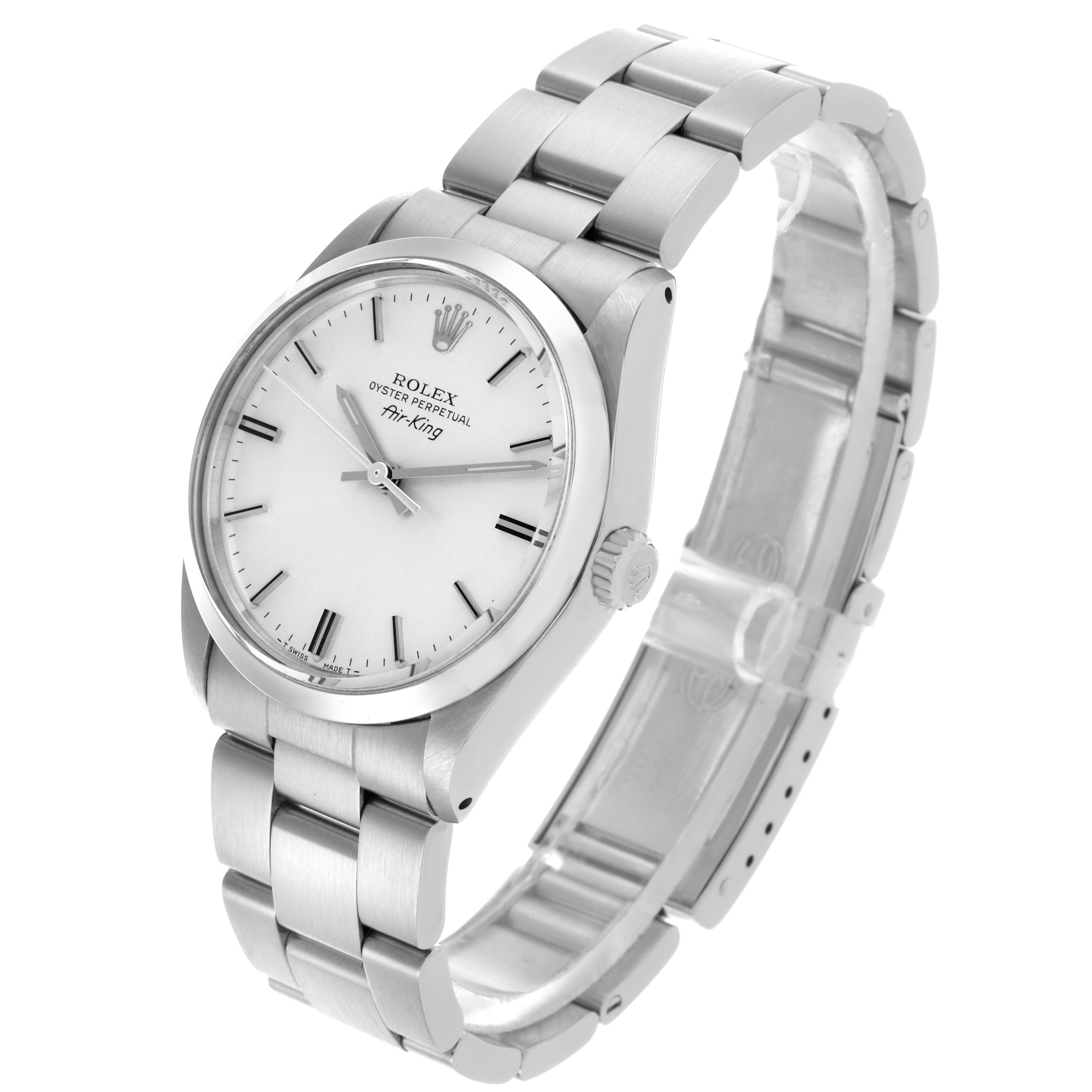 The Rolex Air-King 5500 Men's Stainless Steel Silver Dial 5500 Men's Stainless Steel Silver Dial watch is shown at a three-quarter angle, highlighting the face, case, bracelet, and crown.