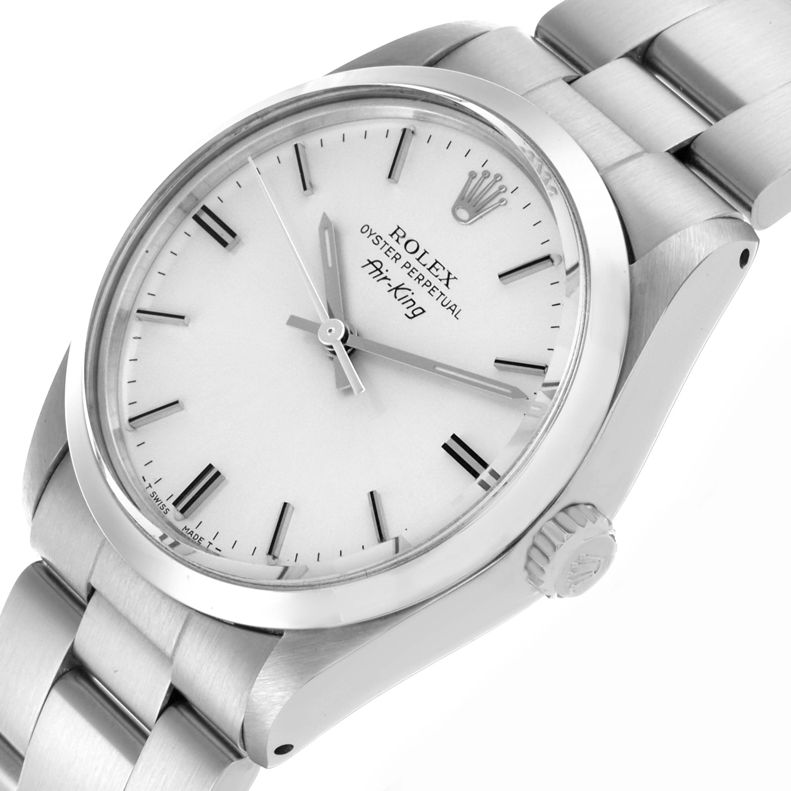 The Rolex Air-King 5500 Men's Stainless Steel Silver Dial 5500 Men's Stainless Steel Silver Dial watch is shown from a side angle, displaying the face, bezel, crown, and part of the bracelet.