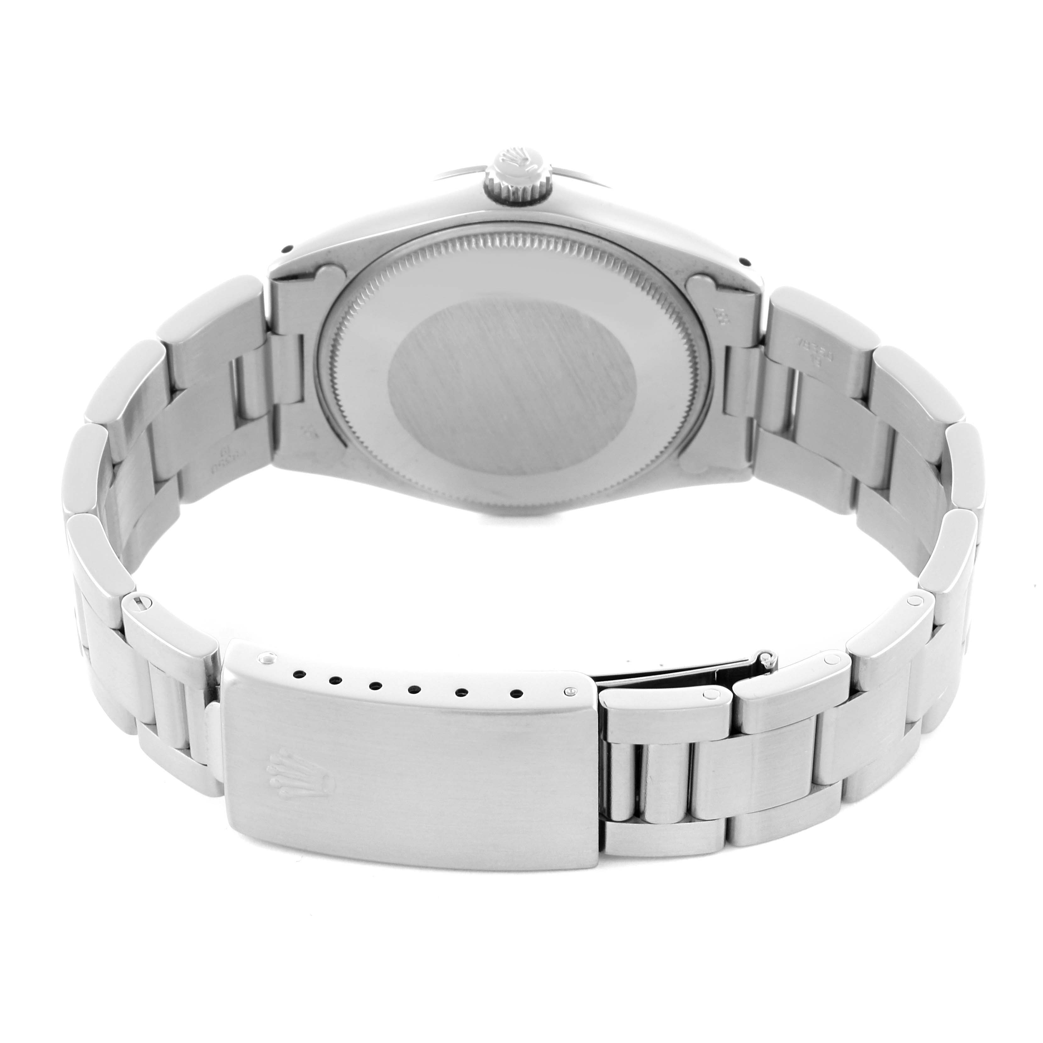 The image shows the back view of the Rolex Air-King 5500 Men's Stainless Steel Silver Dial 5500 Men's Stainless Steel Silver Dial, highlighting the case back and bracelet clasp.