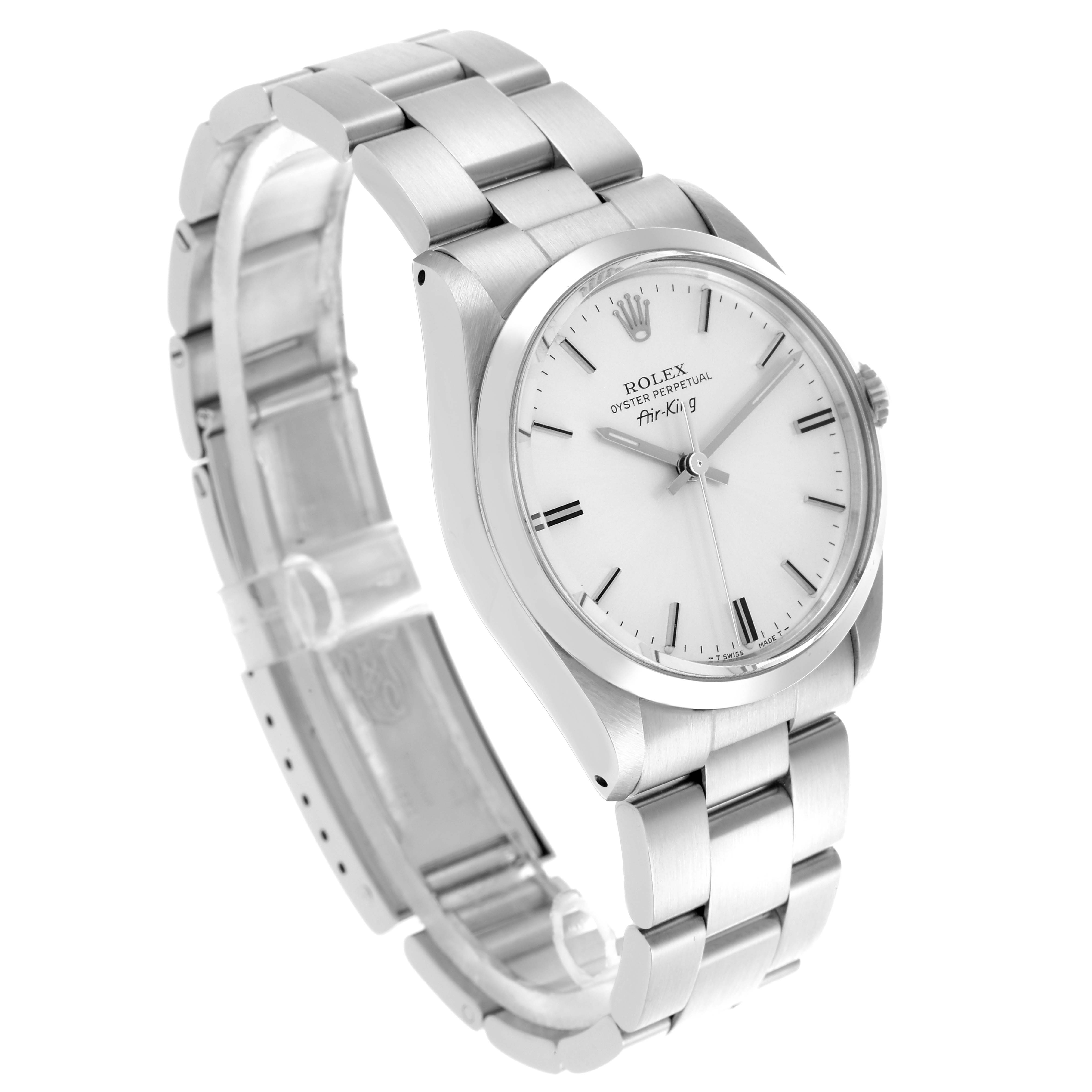 The Rolex Air-King 5500 Men's Stainless Steel Silver Dial 5500 Men's Stainless Steel Silver Dial is shown at a slight angle, displaying the watch face, case, and part of the bracelet.