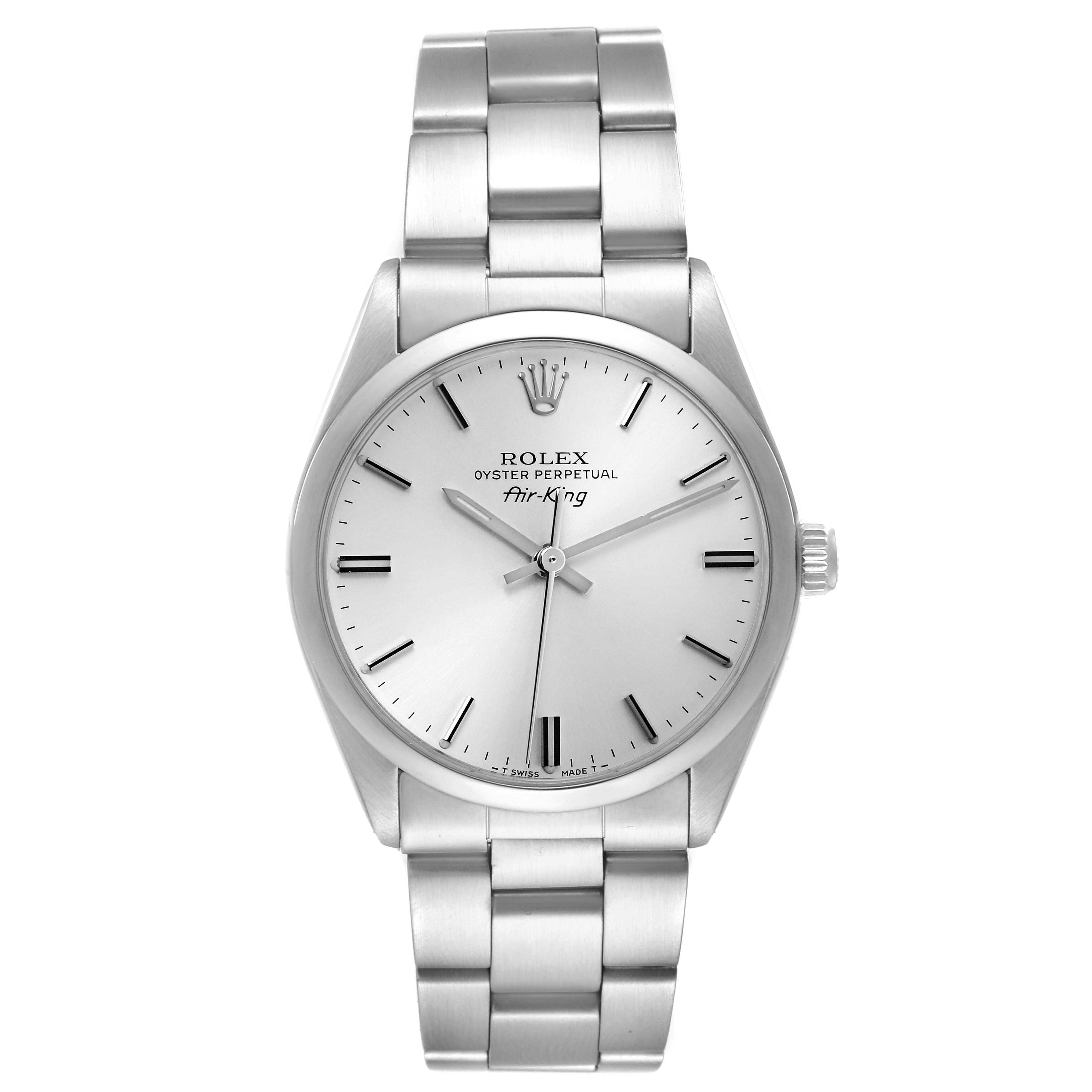 The Rolex Air-King 5500 Men's Stainless Steel Silver Dial 5500 Men's Stainless Steel Silver Dial watch is shown from the front, displaying its face, crown, and bracelet fully.
