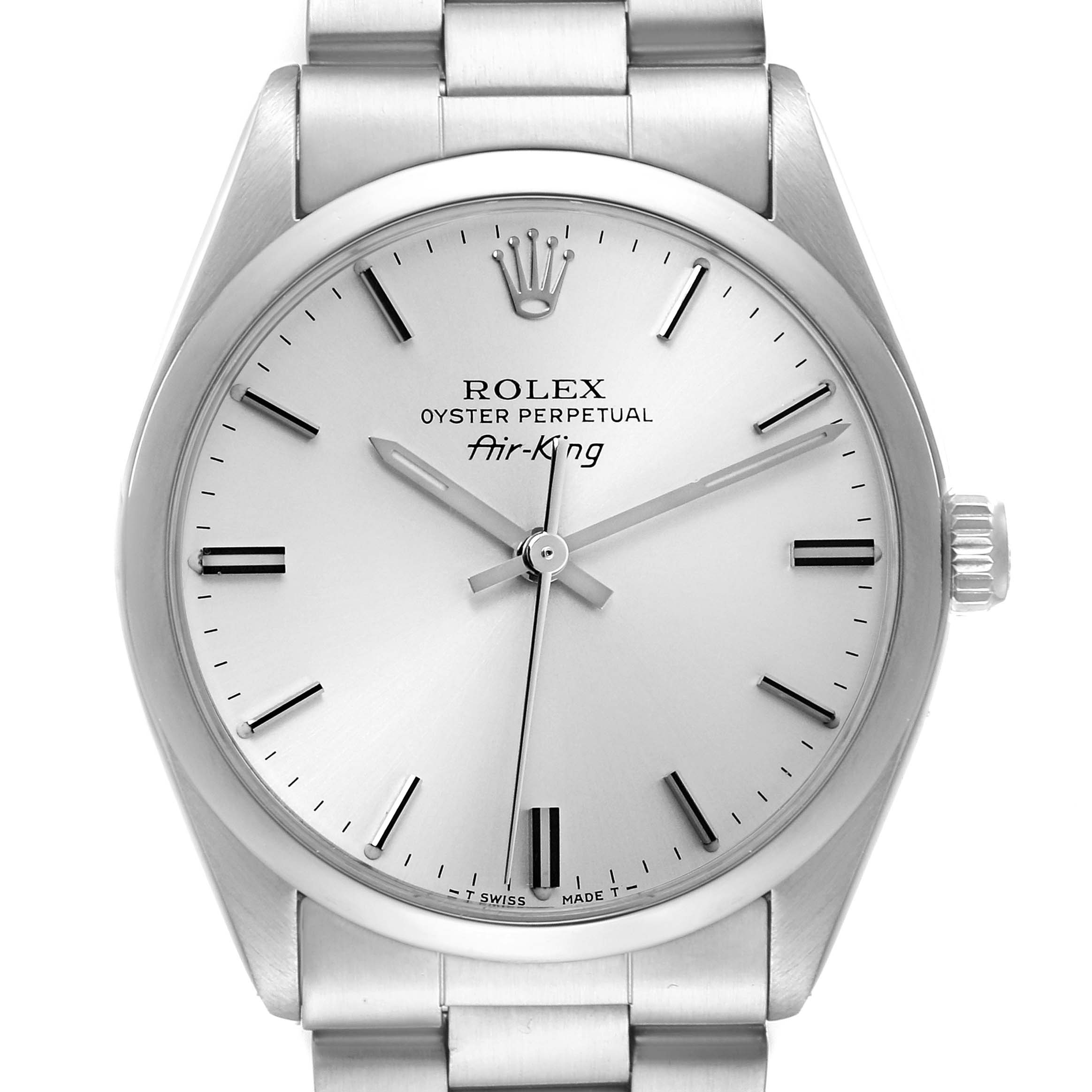 The Rolex Air-King 5500 Men's Stainless Steel Silver Dial 5500 Men's Stainless Steel Silver Dial watch is shown from the front, displaying its dial, hands, crown, and part of the bracelet.