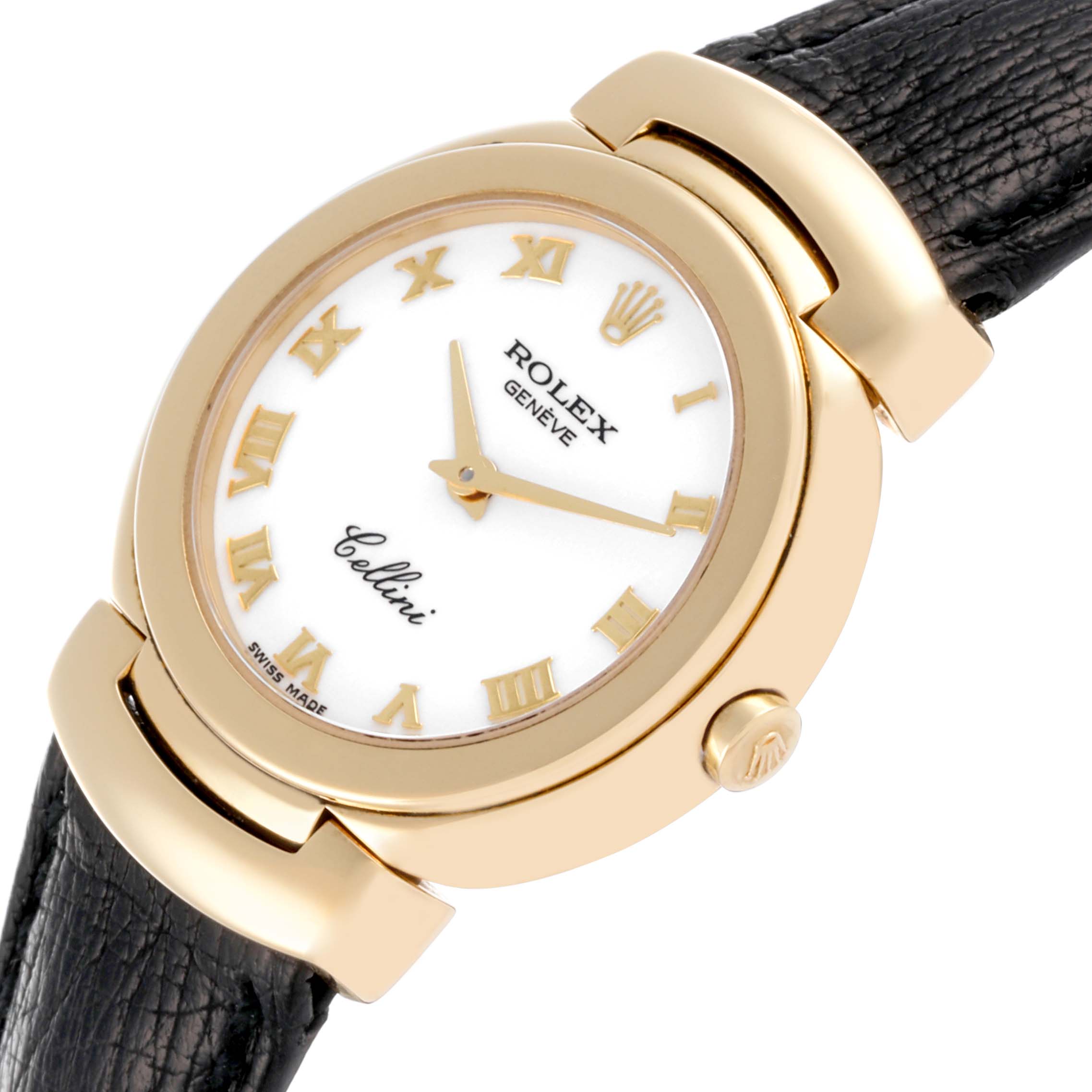 The Rolex Cellini 6621 Women's Yellow Gold White Dial 6621 Women's Yellow Gold White Dial watch is shown at a slight angle, displaying the dial, crown, and part of the black leather strap.