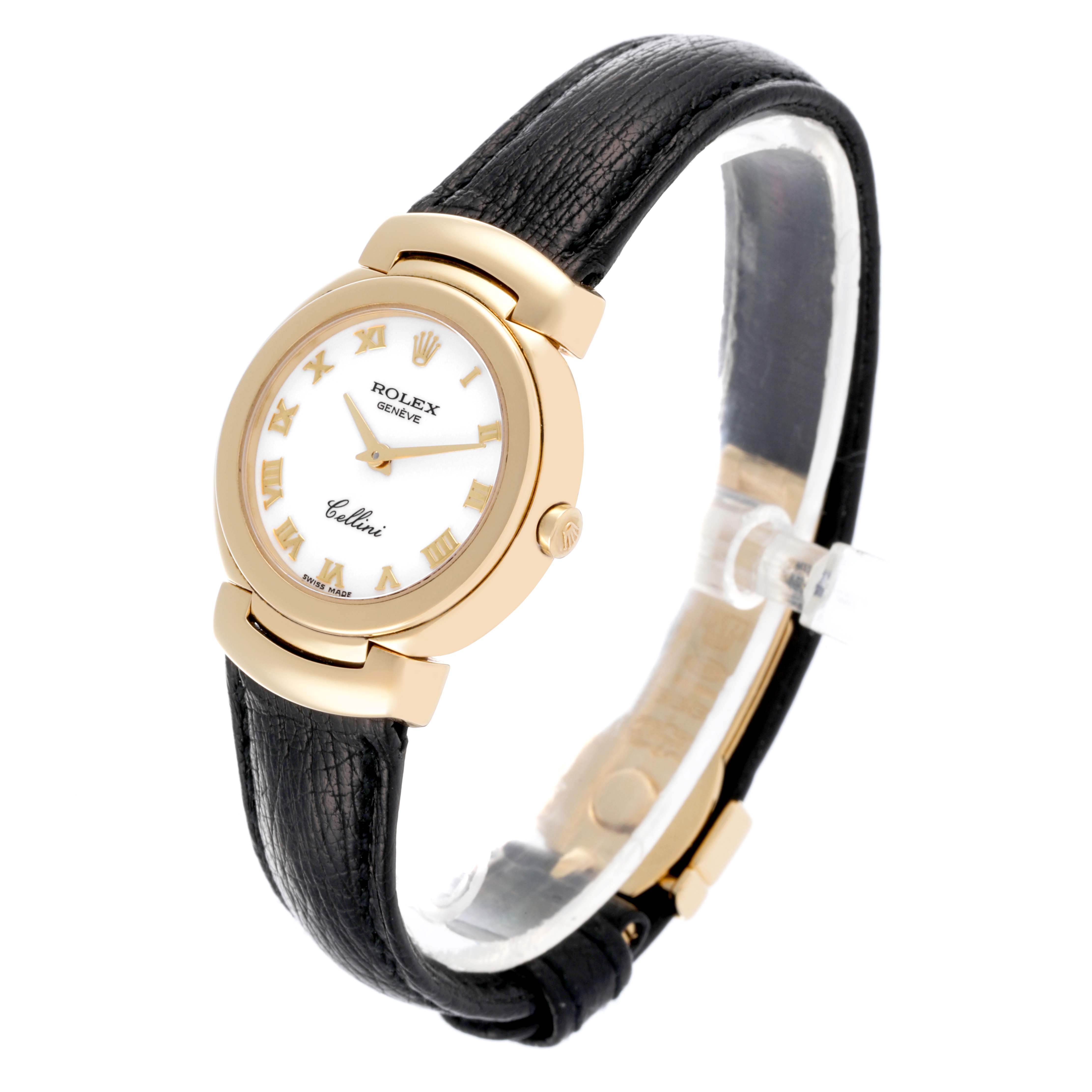 The Rolex Cellini 6621 Women's Yellow Gold White Dial 6621 Women's Yellow Gold White Dial watch is shown at a side angle, displaying the dial, bezel, and black leather strap.