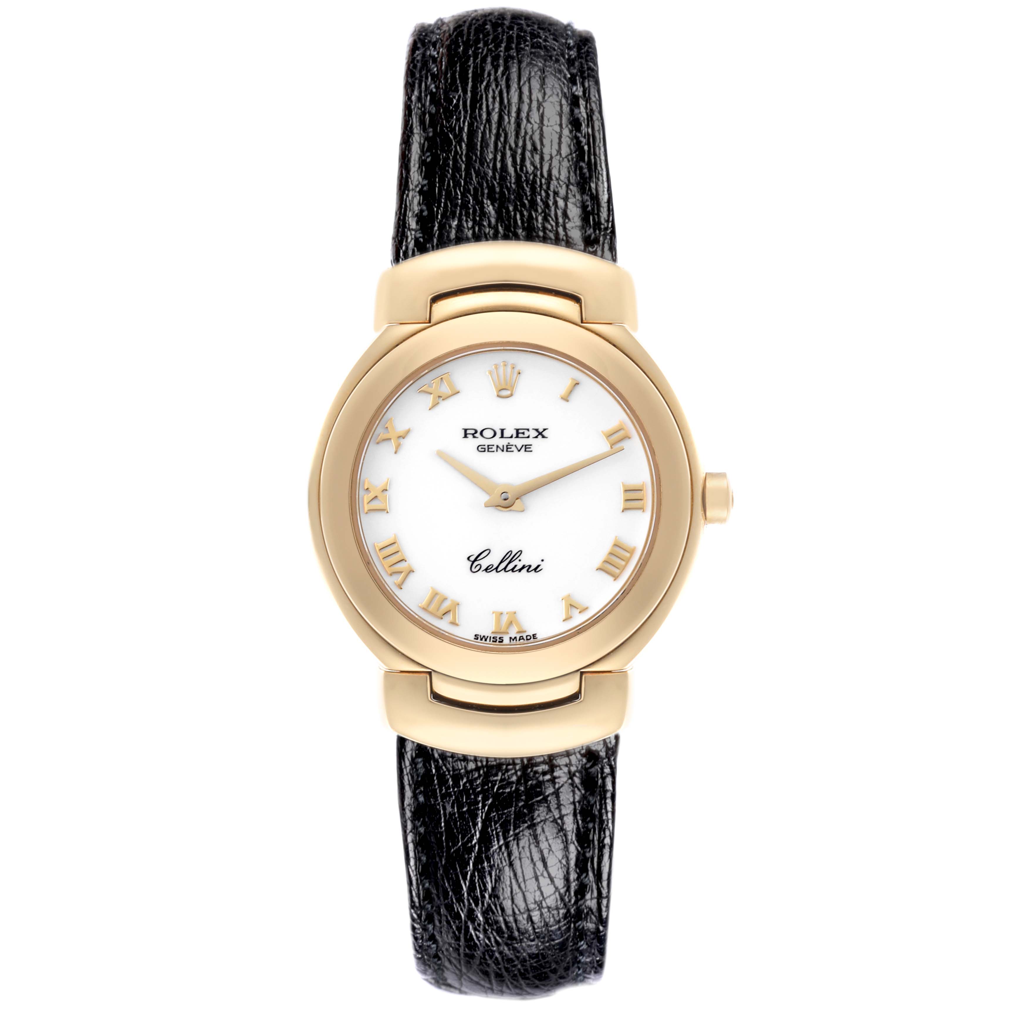 The Rolex Cellini 6621 Women's Yellow Gold White Dial 6621 Women's Yellow Gold White Dial watch is shown from a front angle, featuring the dial, case, and leather strap.