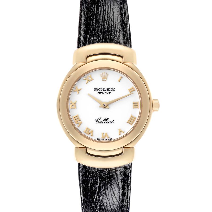 The Rolex Cellini watch is shown from a front angle, highlighting the dial, casing, and leather strap.