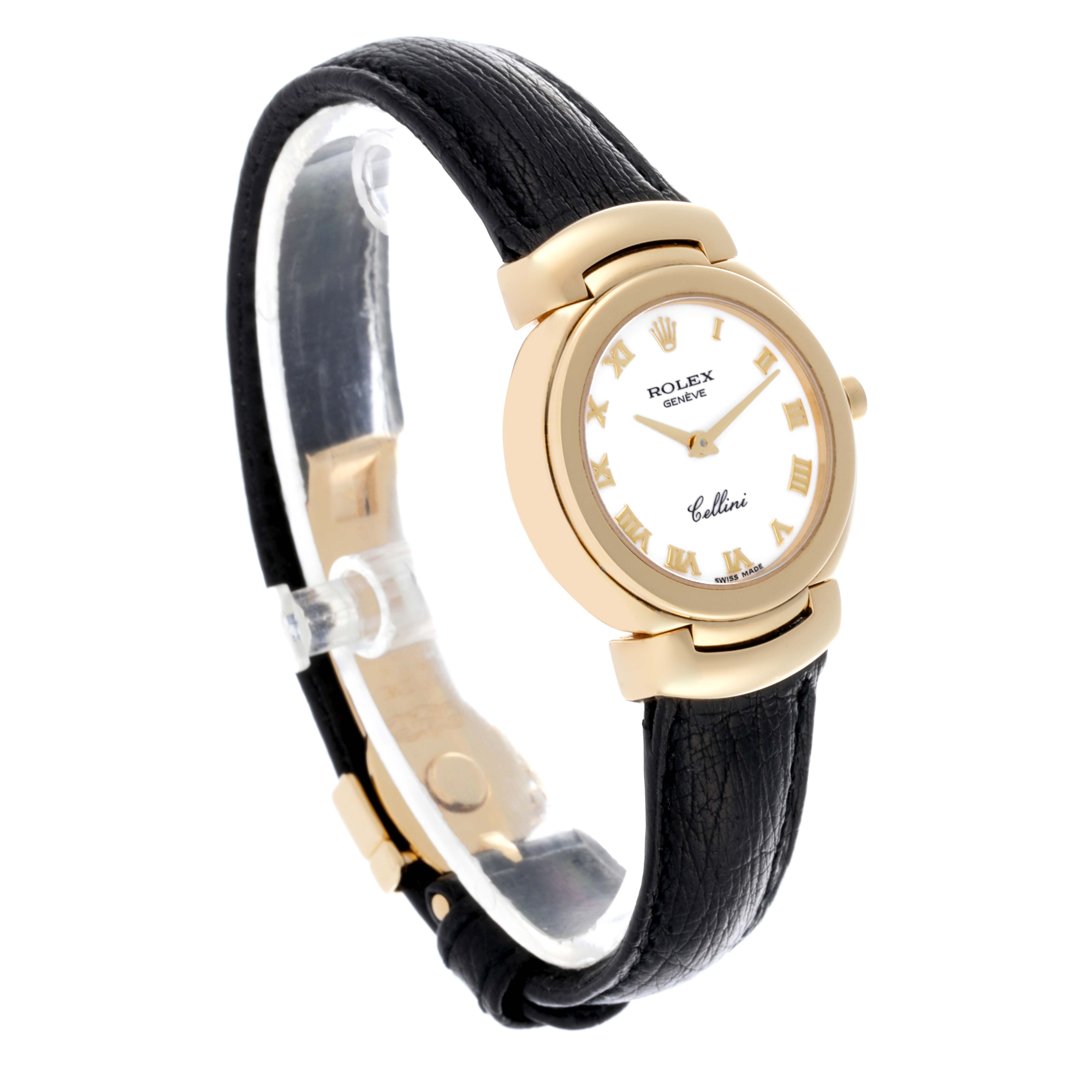 The Rolex Cellini 6621 Women's Yellow Gold White Dial 6621 Women's Yellow Gold White Dial watch is shown at a three-quarter angle, highlighting the gold case, dial, and black leather strap.