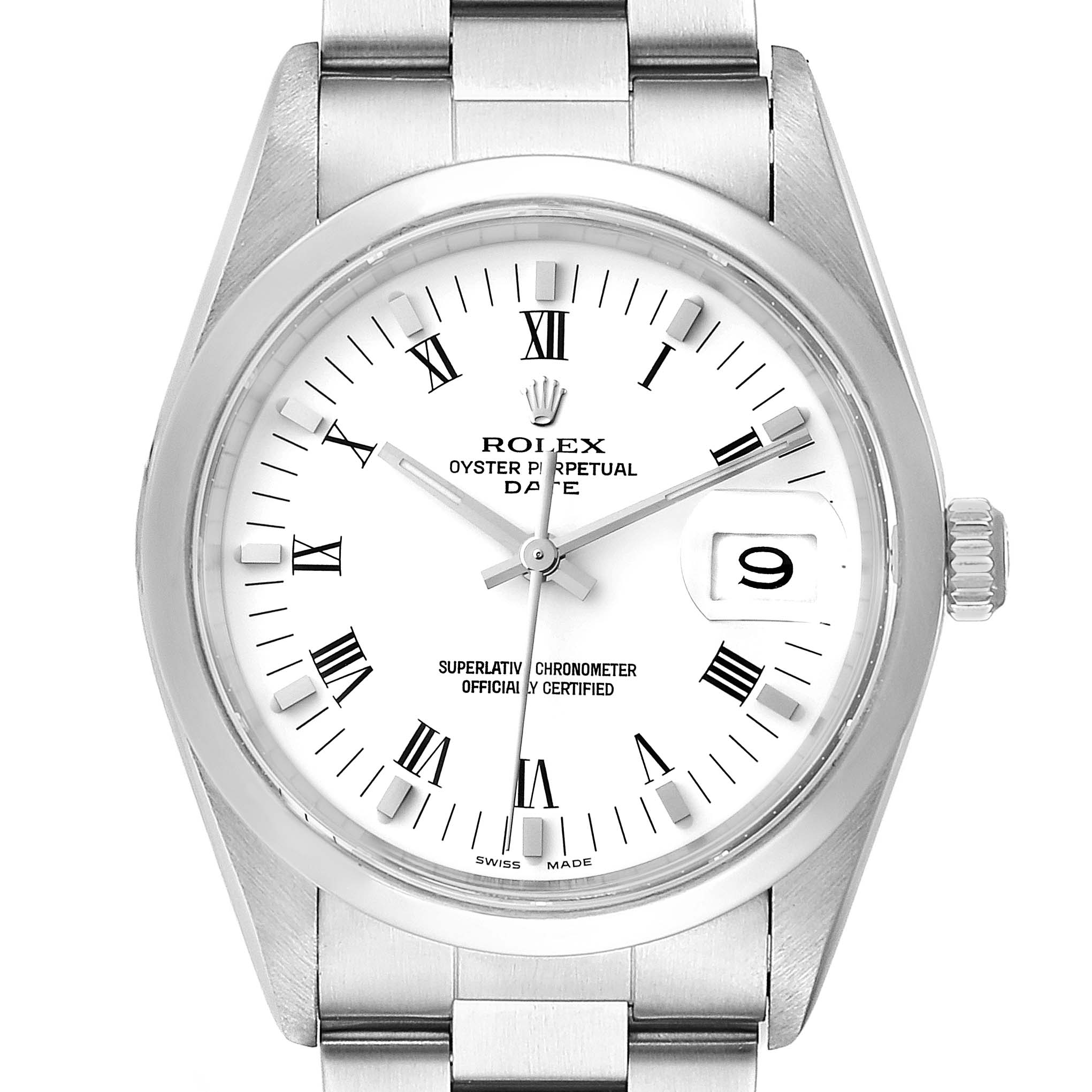 This image shows a front view of a Rolex Date 15200 Men's Stainless Steel White Dial 15200 Men's Stainless Steel White Dial model watch, highlighting the dial, hands, date window, and bracelet.