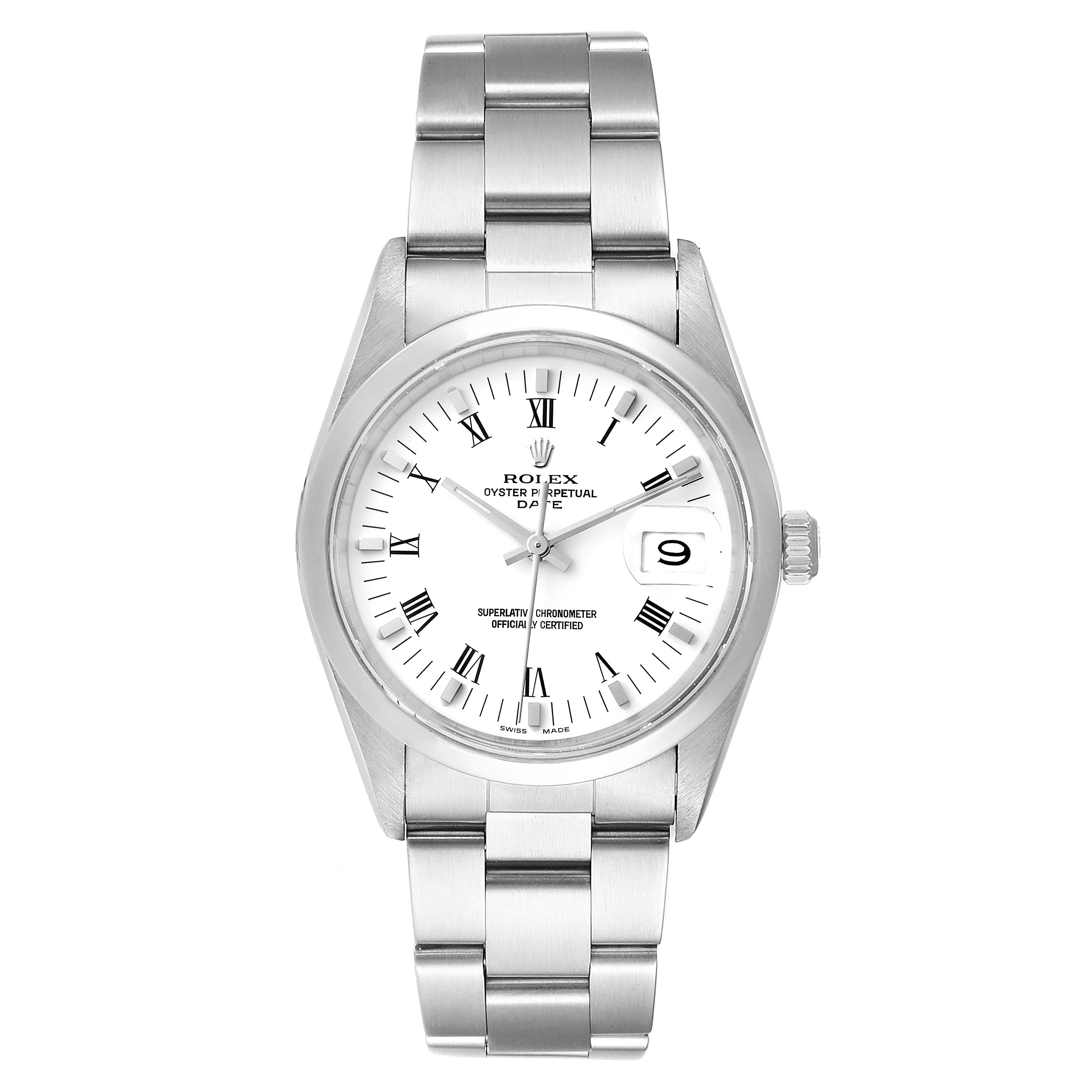 The image shows a front view of a Rolex Date 15200 Men's Stainless Steel White Dial 15200 Men's Stainless Steel White Dial model watch, featuring its dial, bracelet, bezel, and crown.