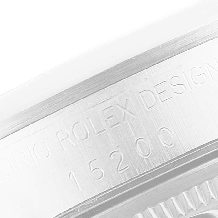 This image shows a close-up of the model number engraving on the casing of a Rolex Date 15200 Men's Stainless Steel White Dial 15200 Men's Stainless Steel White Dial watch.