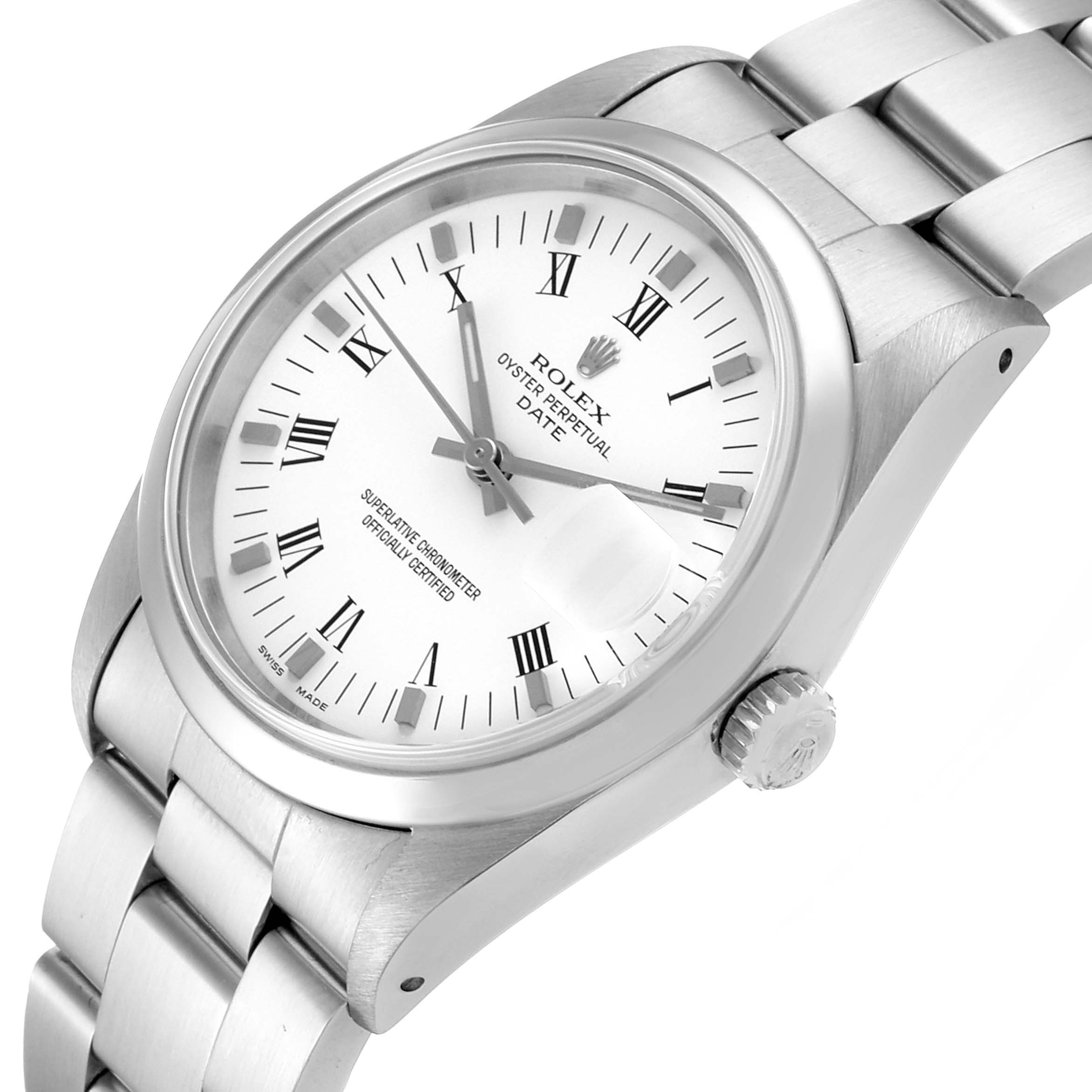 The image shows a close-up angle of a Rolex Date 15200 Men's Stainless Steel White Dial 15200 Men's Stainless Steel White Dial model watch, highlighting the dial, crown, and bracelet.