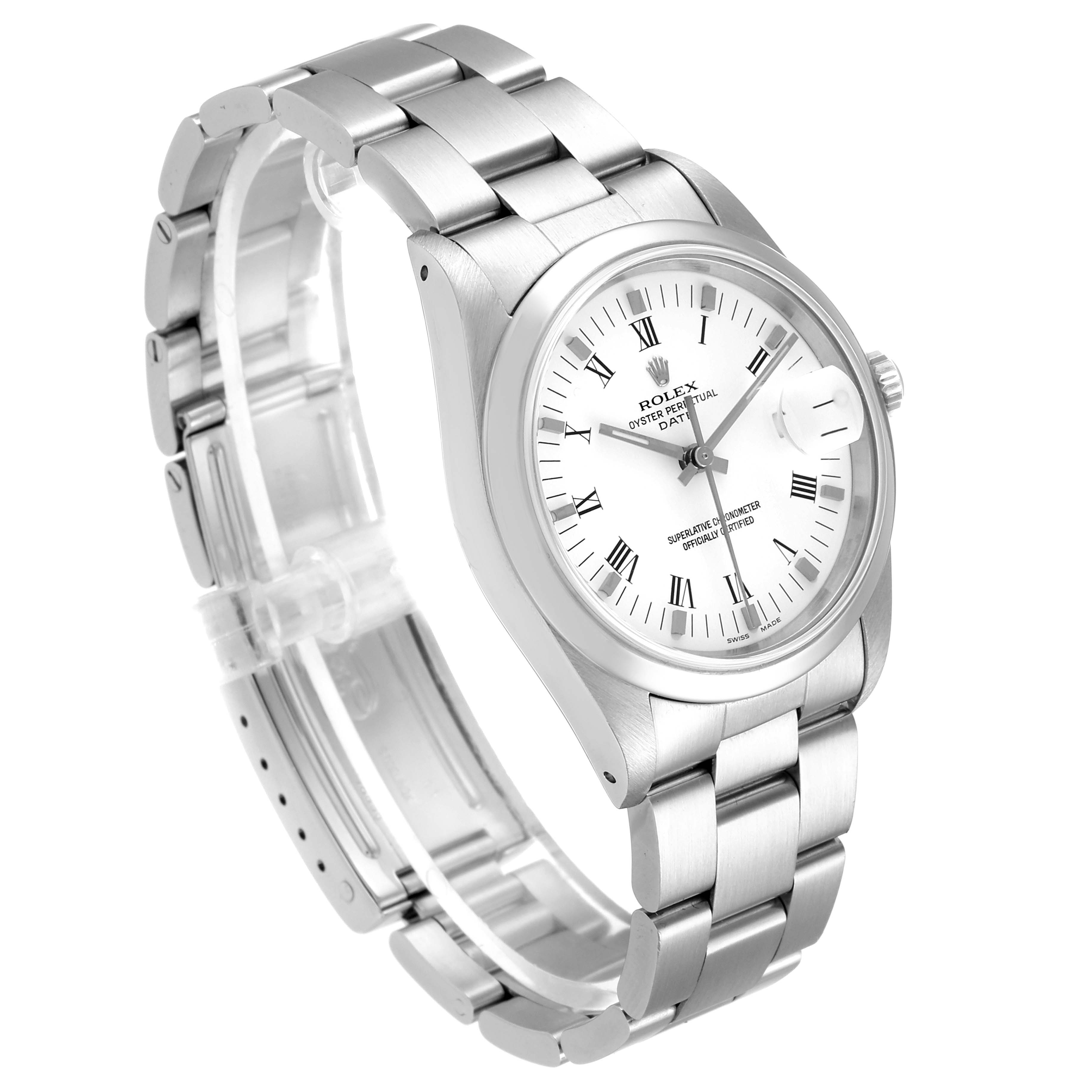 The image shows a Rolex Date 15200 Men's Stainless Steel White Dial 15200 Men's Stainless Steel White Dial model watch at a three-quarter angle, highlighting its face, bezel, and metal bracelet.