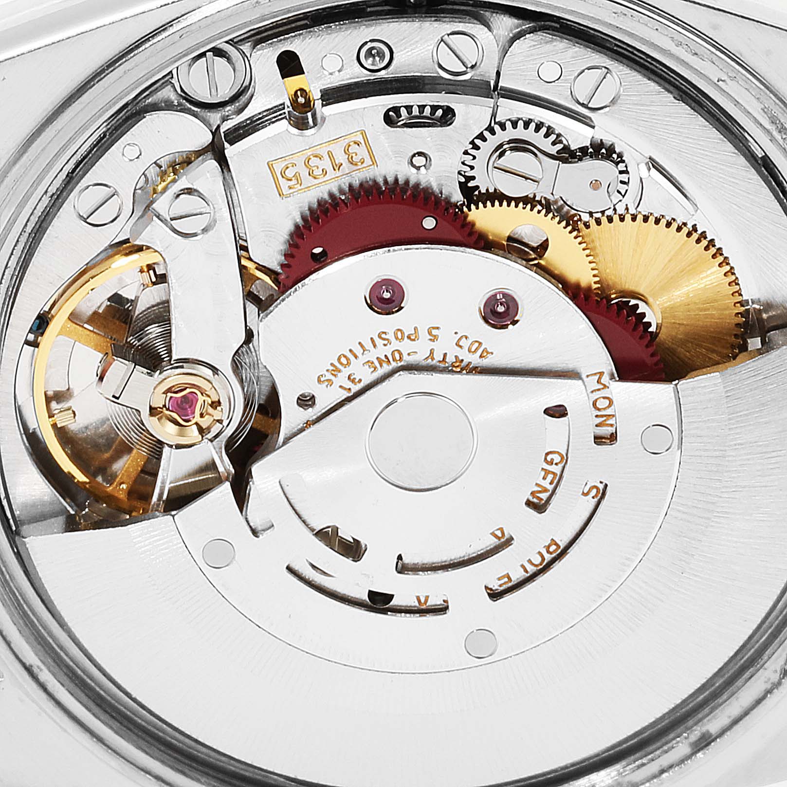 This image shows the internal mechanics and movement components of a Rolex Date 15200 Men's Stainless Steel White Dial 15200 Men's Stainless Steel White Dial model watch at a close-up angle.