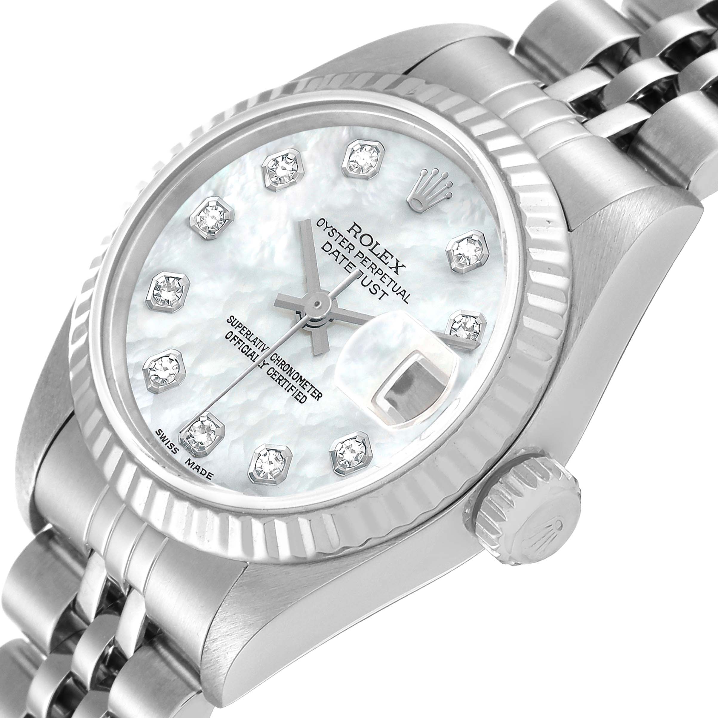 The image shows a close-up angled view of a Rolex Datejust 79174 Women's Stainless Steel Mother of Pearl Dial 79174 Women's Stainless Steel Mother of Pearl Dial watch, highlighting the face, bezel, crown, and part of the bracelet.