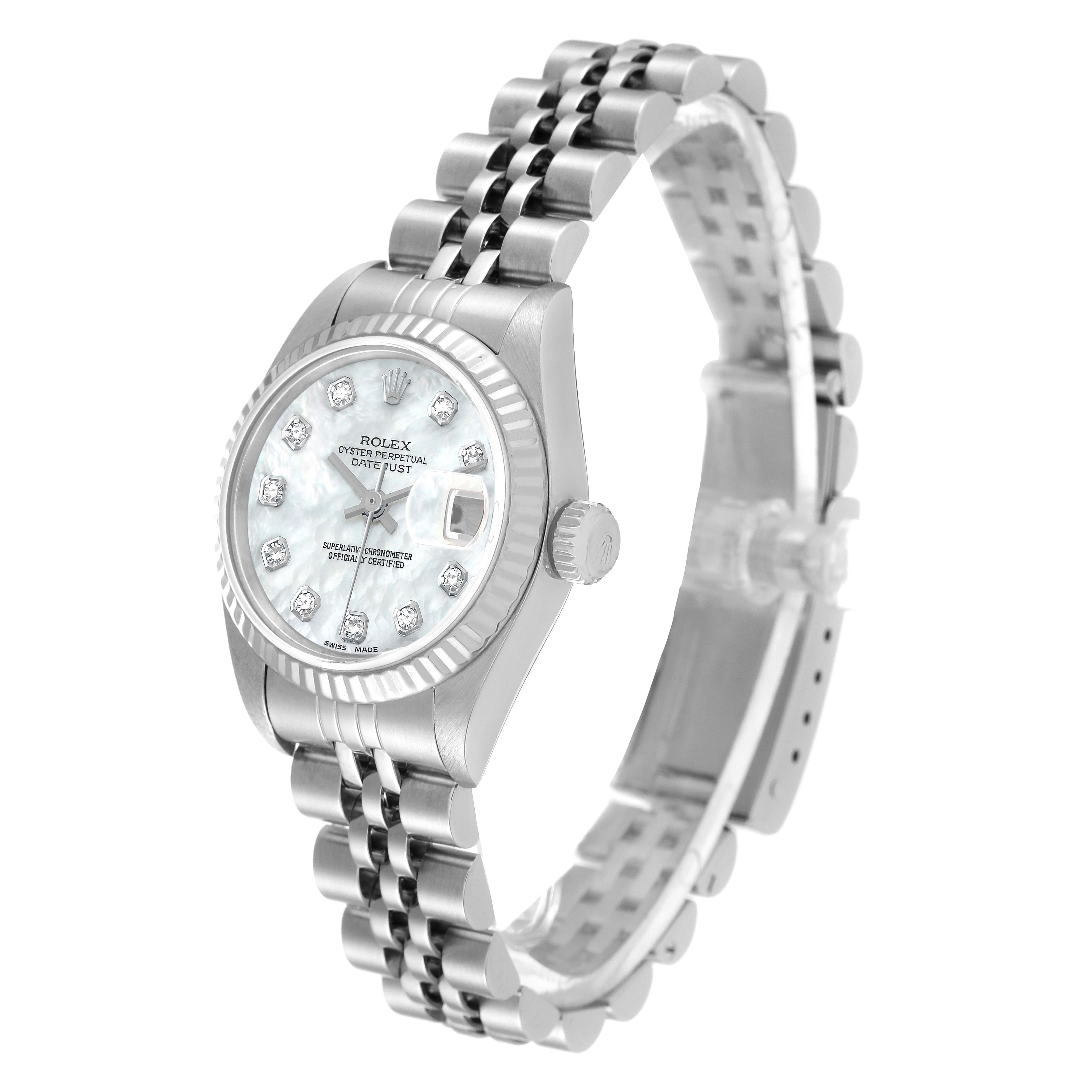 The Rolex Datejust 79174 Women's Stainless Steel Mother of Pearl Dial 79174 Women's Stainless Steel Mother of Pearl Dial watch is shown at a slight angle, highlighting the face, crown, and bracelet.