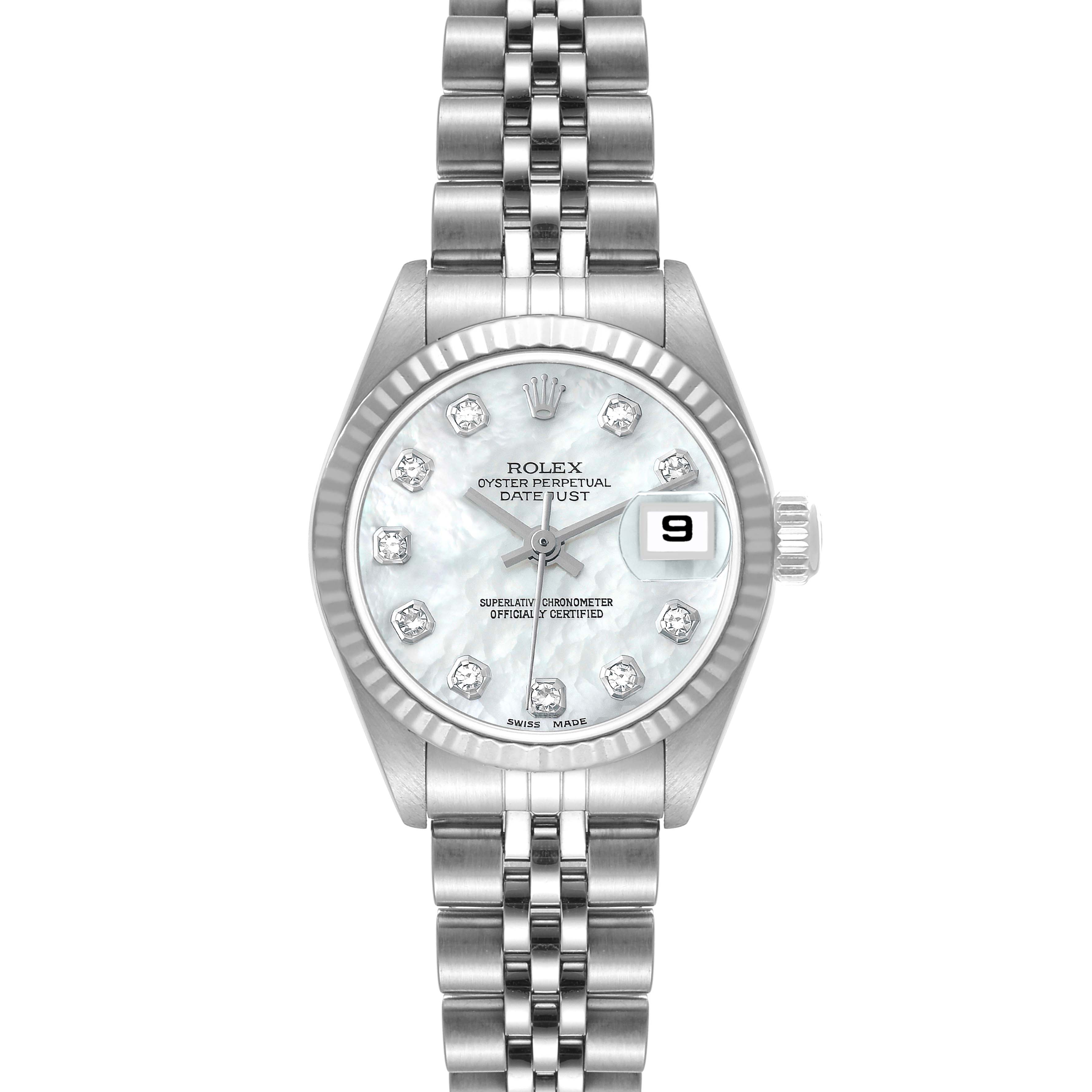 This image shows a frontal view of a Rolex Datejust 79174 Women's Stainless Steel Mother of Pearl Dial 79174 Women's Stainless Steel Mother of Pearl Dial watch with a metal bracelet and diamond hour markers.