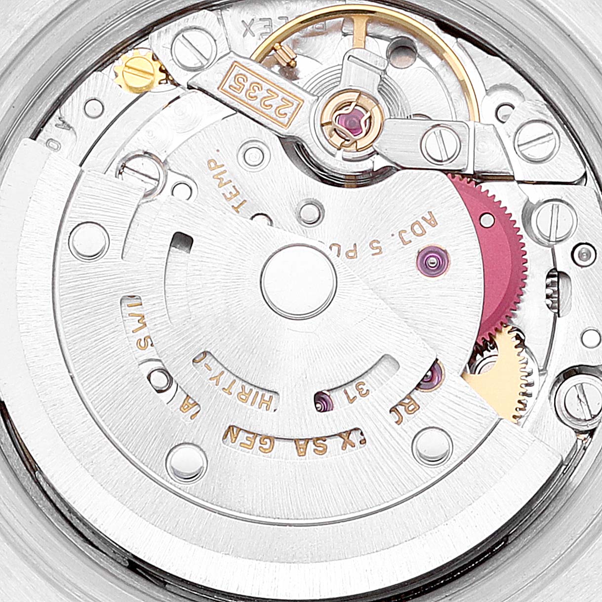 This image shows a close-up of the Rolex Datejust 79174 Women's Stainless Steel Mother of Pearl Dial 79174 Women's Stainless Steel Mother of Pearl Dial watch movement, highlighting gears and intricate internal components.